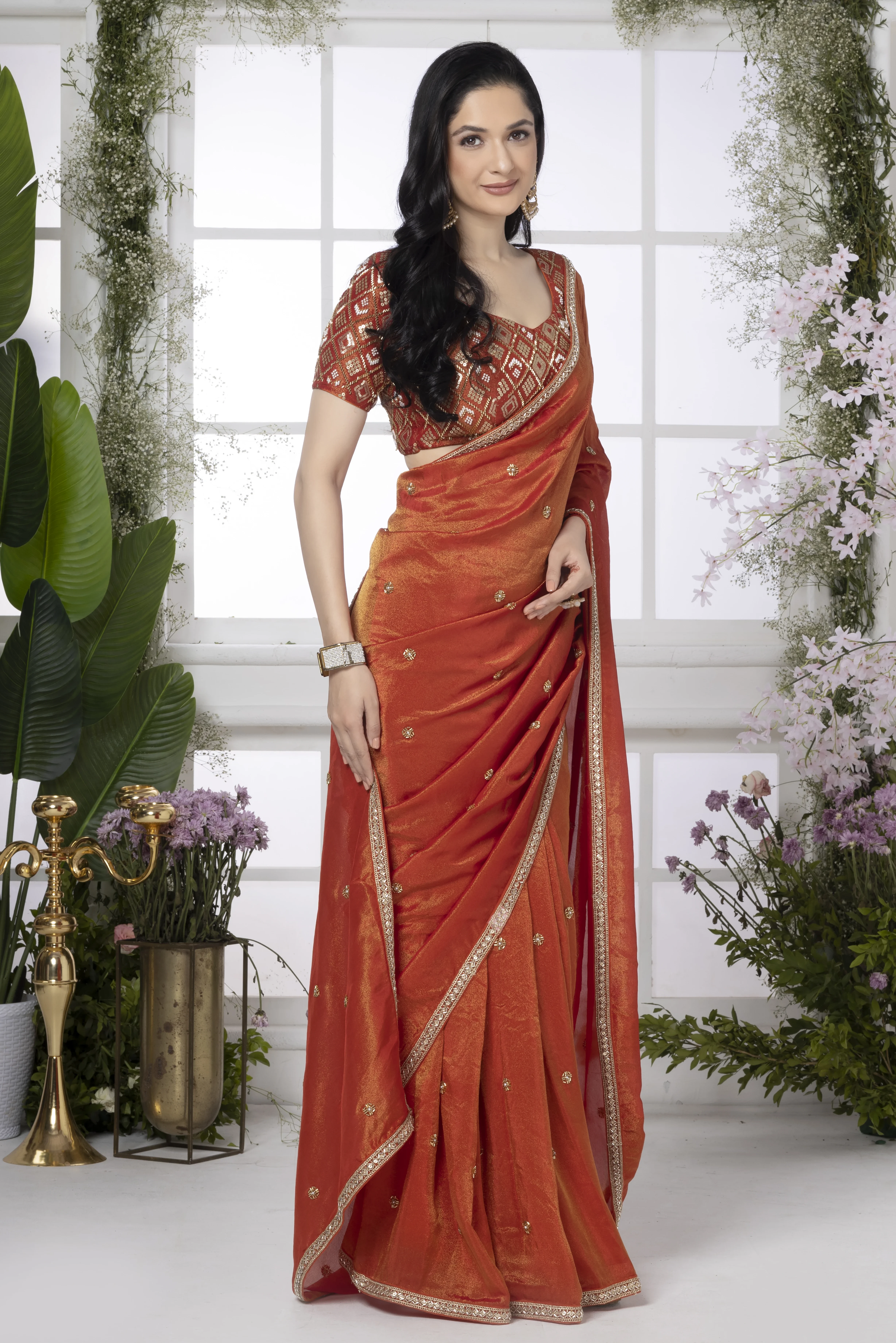 Chrome Red Pure Tissue Silk Saree With Cutdana Work Border