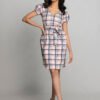 PINK CHECKED WAIST TIE-UPS DRESS