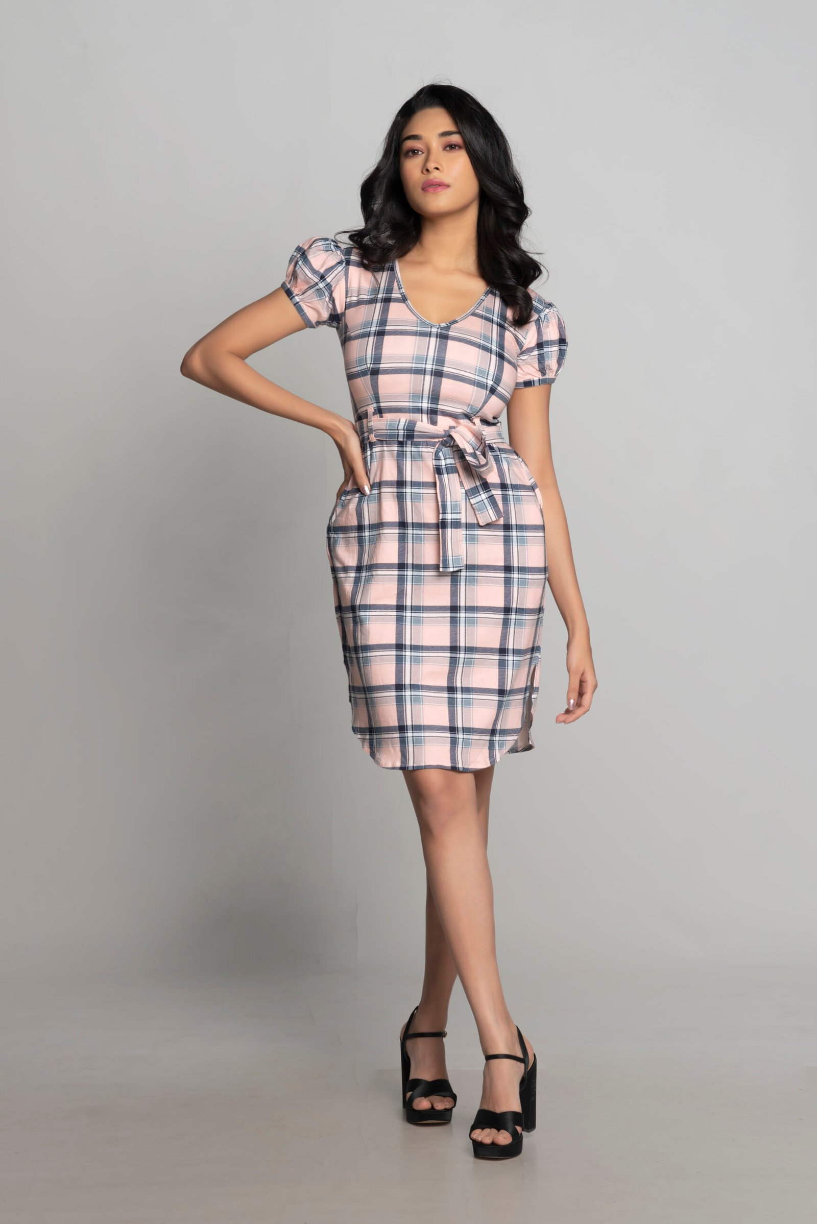 PINK CHECKED WAIST TIE-UPS DRESS