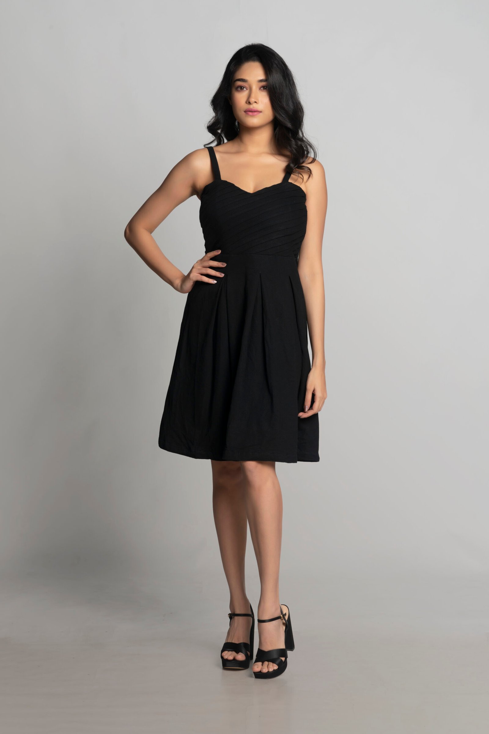BLACK DOTTED FIT & FLARE DRESS