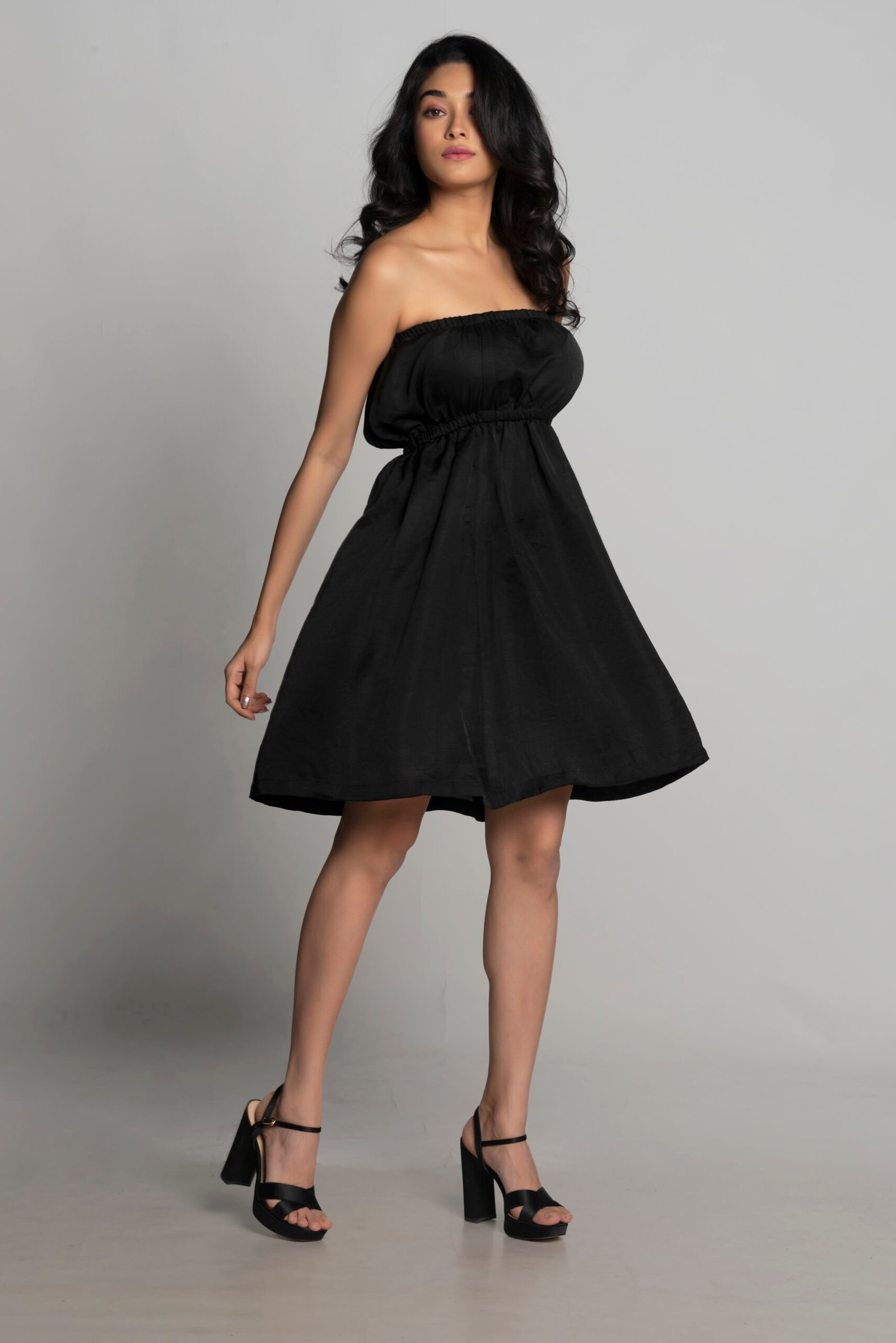 BLACK DOTTED OFF-SHOULDER DRESS