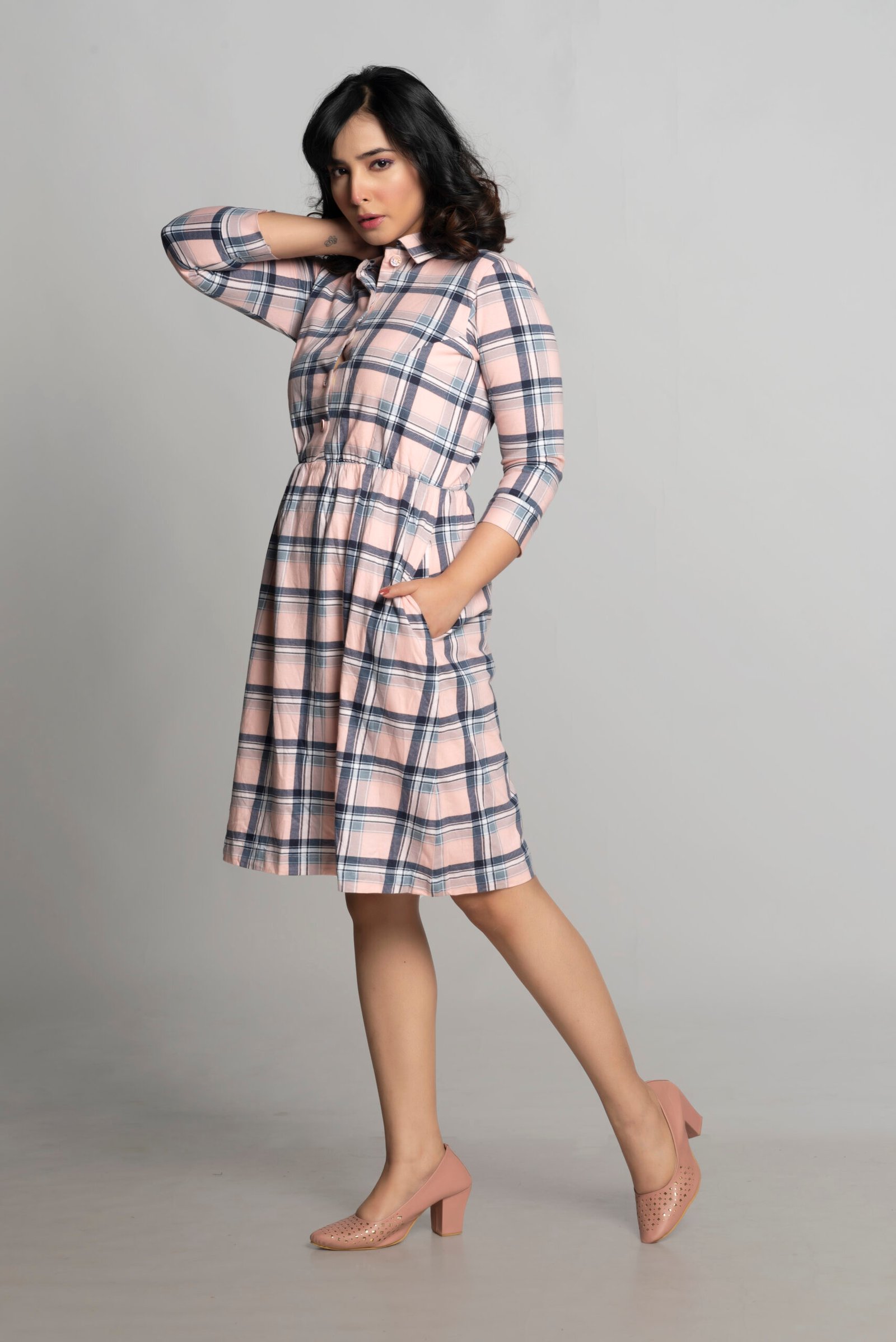 PINK CHECKED SHIRT DRESS
