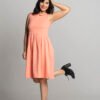 PEACH DOTTED FIT & FLARE DRESS