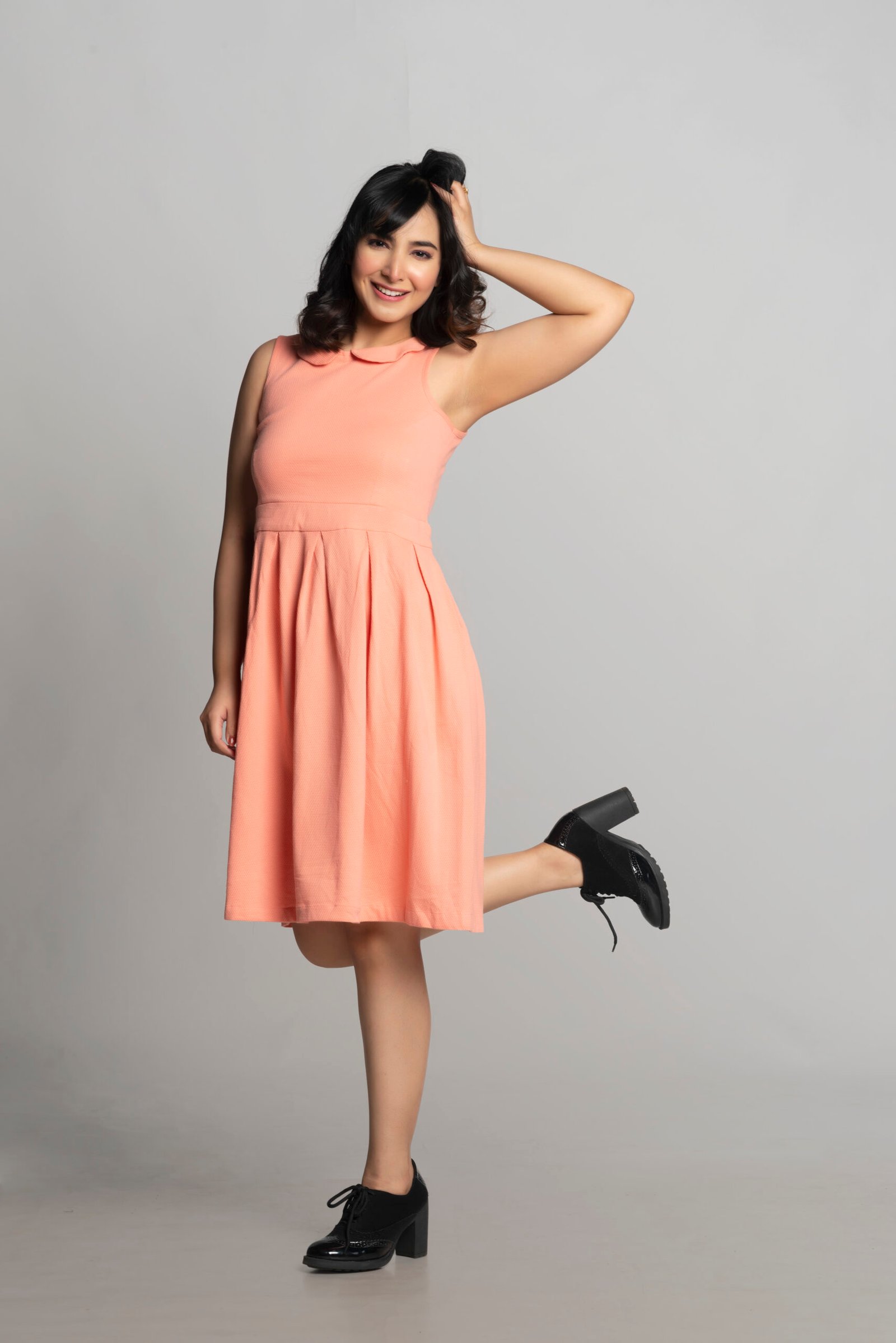 PEACH DOTTED FIT & FLARE DRESS