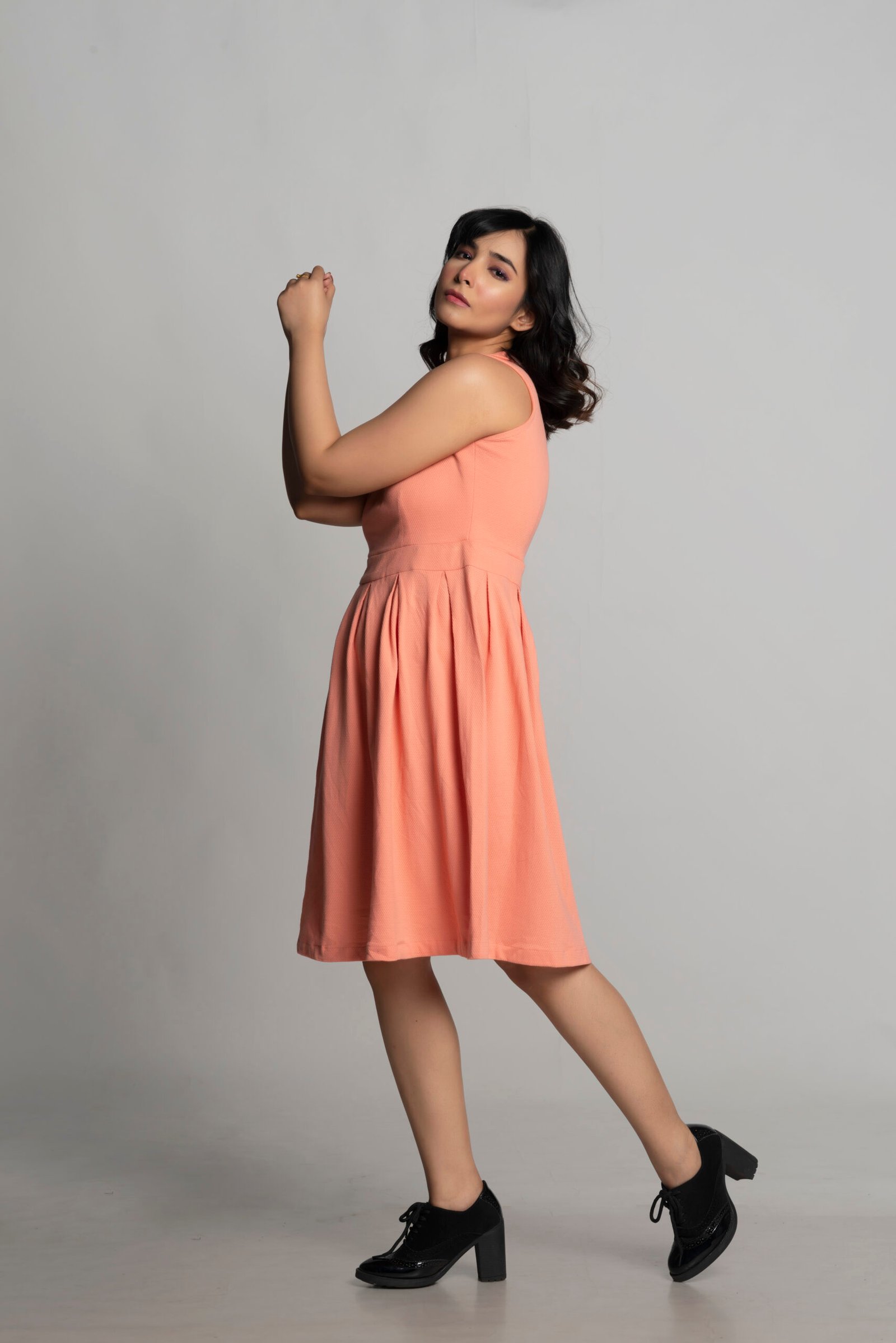 PEACH DOTTED FIT & FLARE DRESS - Image 2