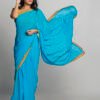 Sky blue georgette thread stripe with sequence with gold thread work Saree