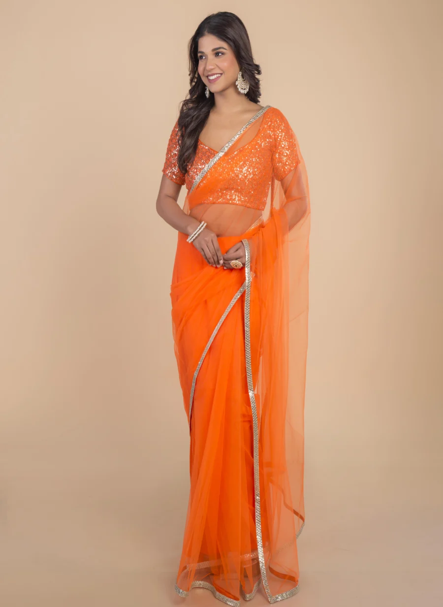 Orange Net Saree With Gold Border