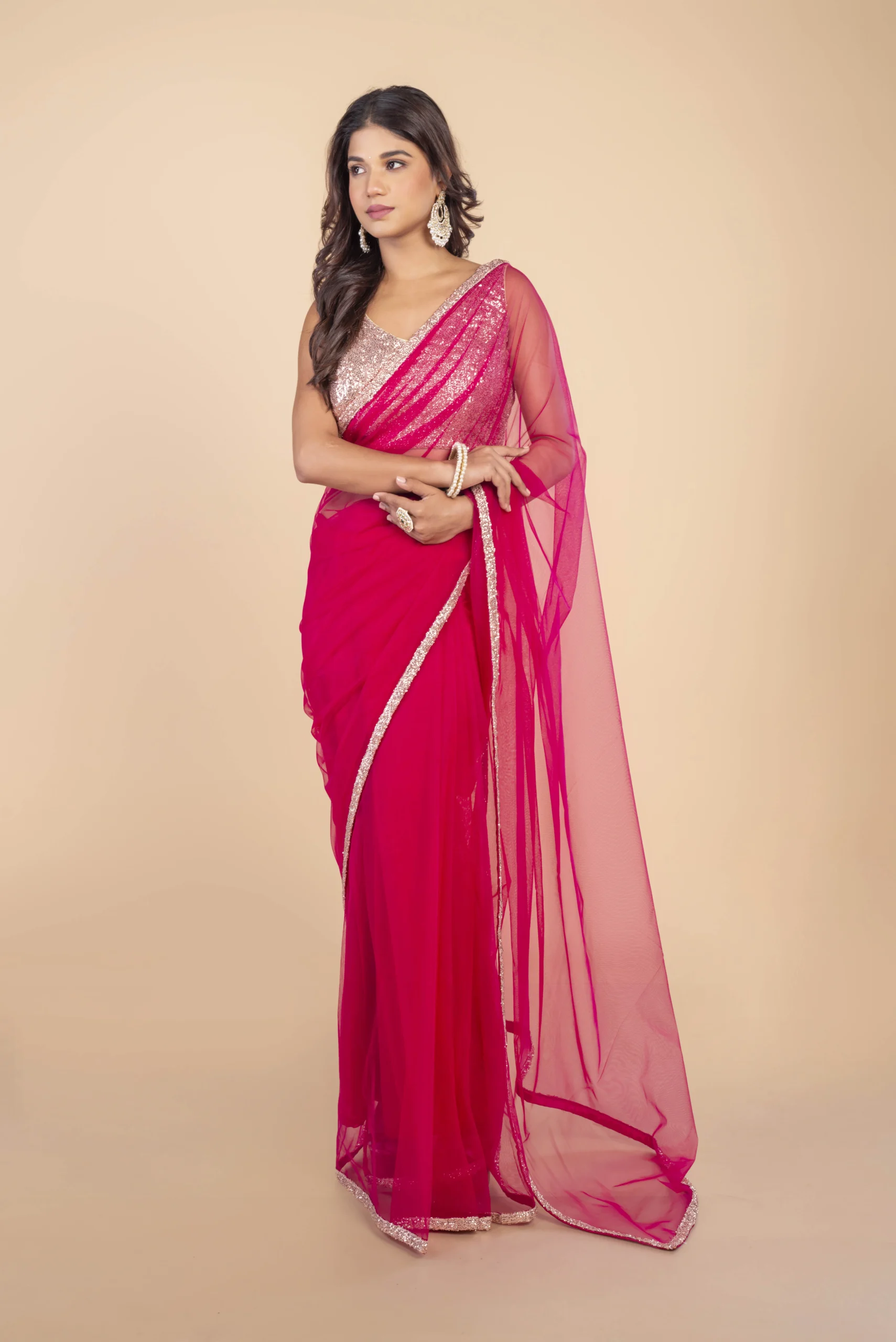 Pink Net Saree With Rose Gold Sequin Border - Image 3