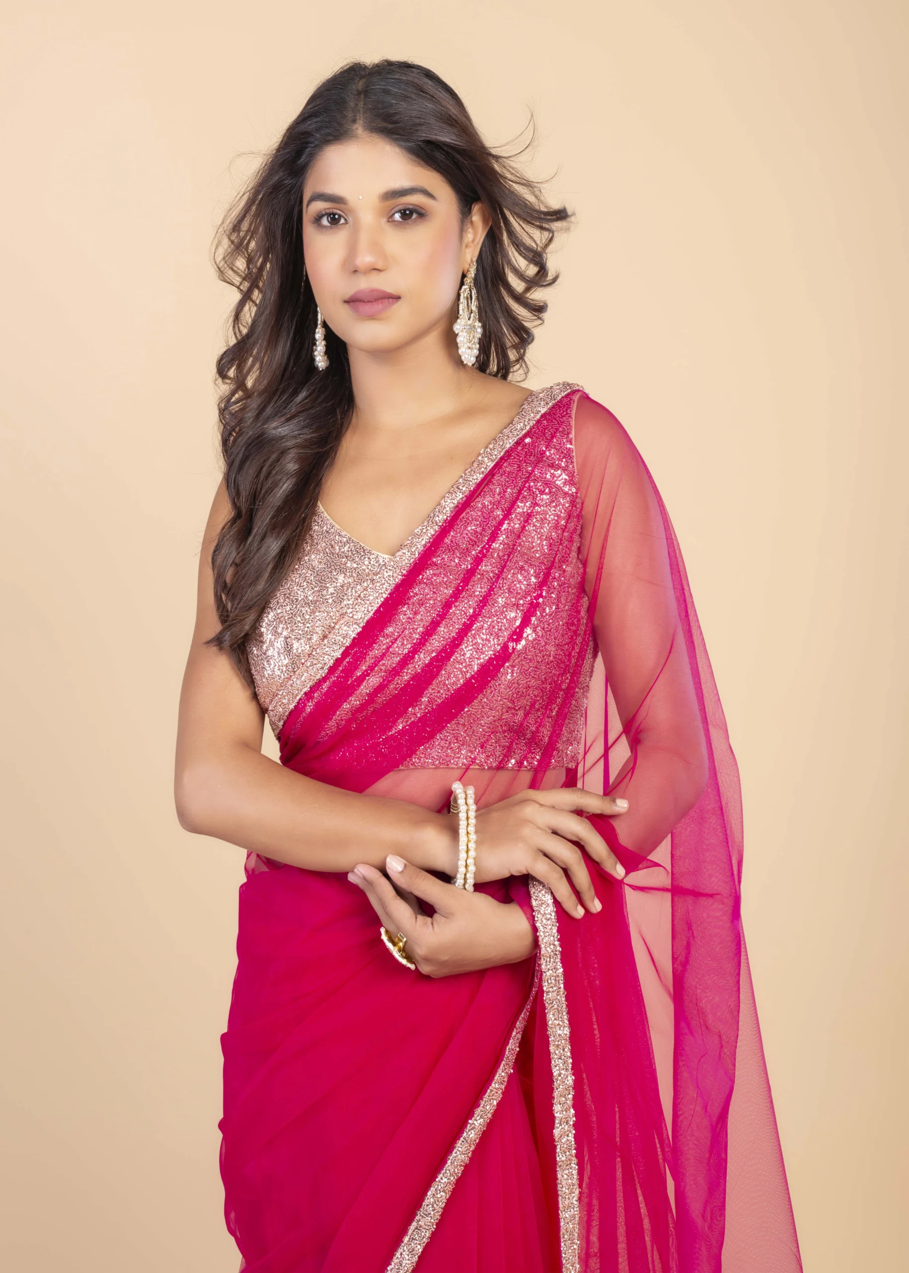 Pink Net Saree With Rose Gold Sequin Border - Image 2