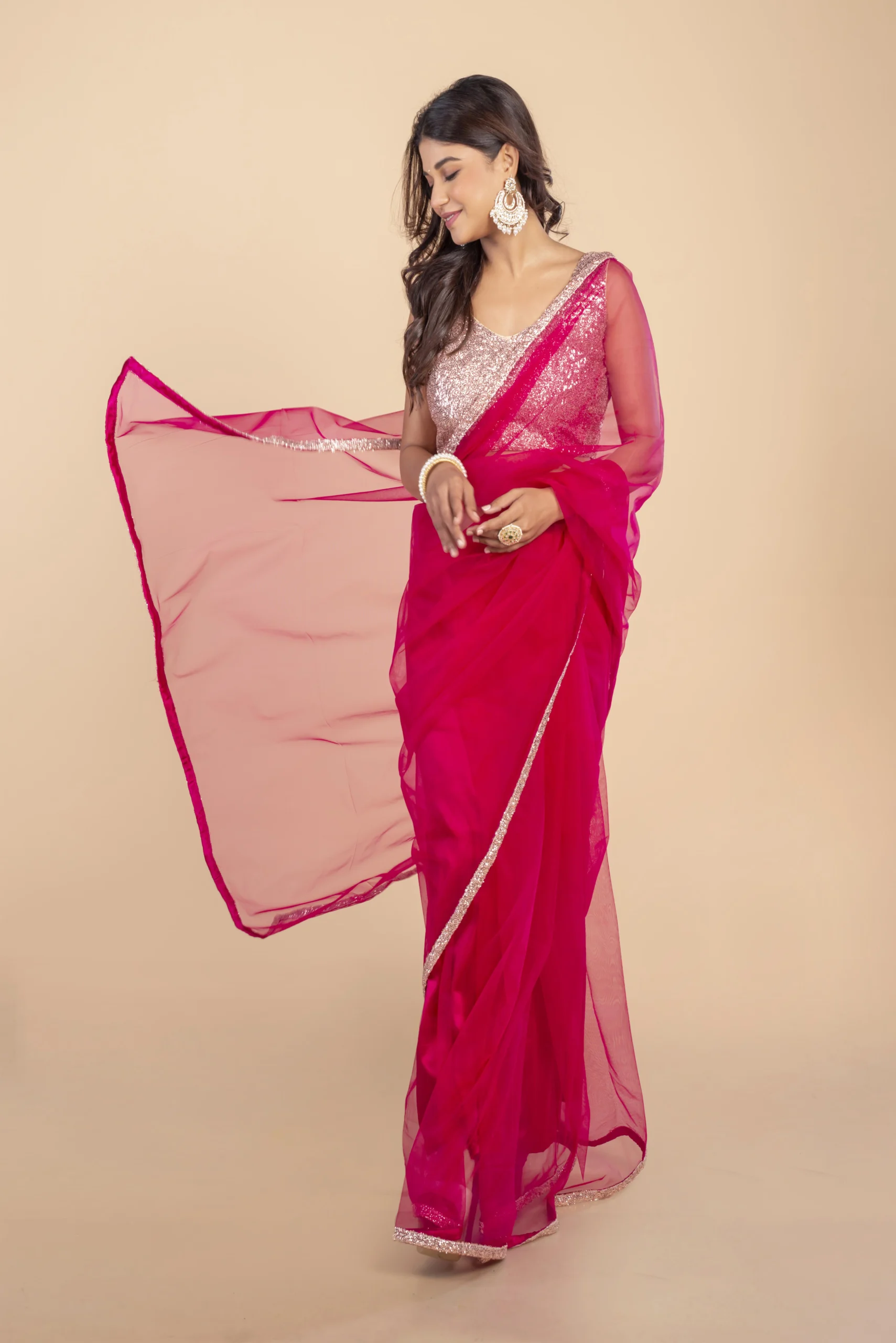 Pink Net Saree With Rose Gold Sequin Border