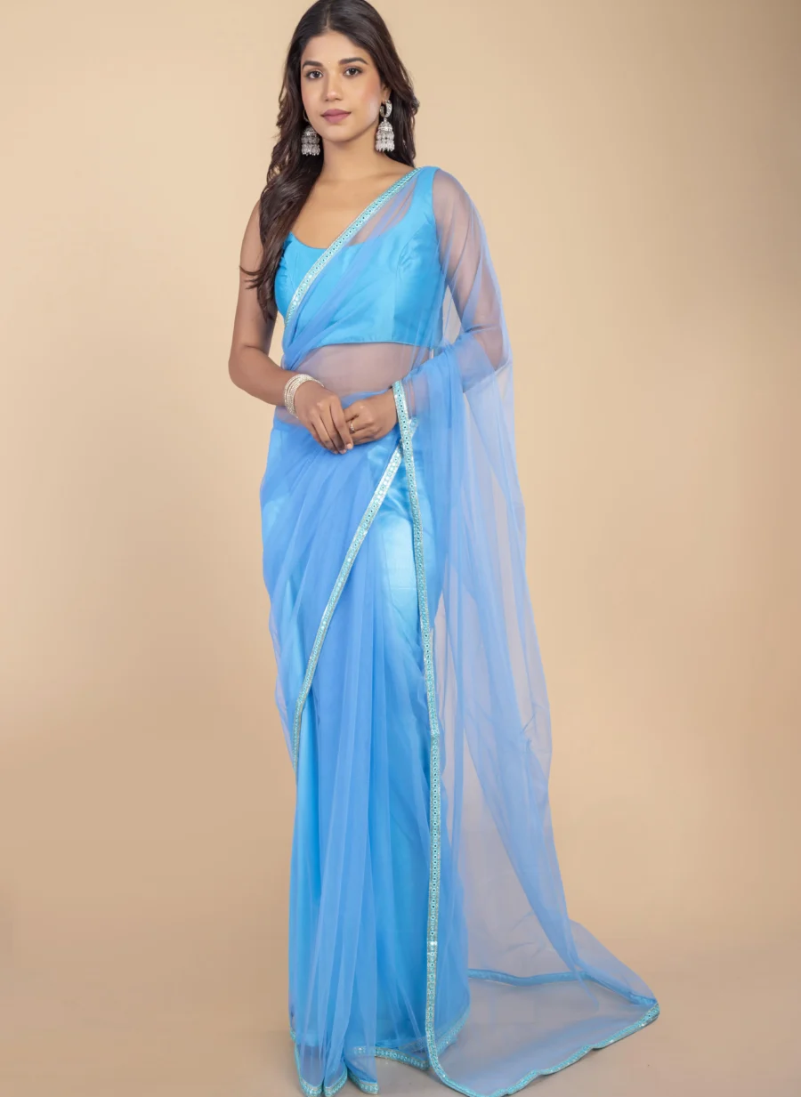 Sky Net Saree With Mirror Border