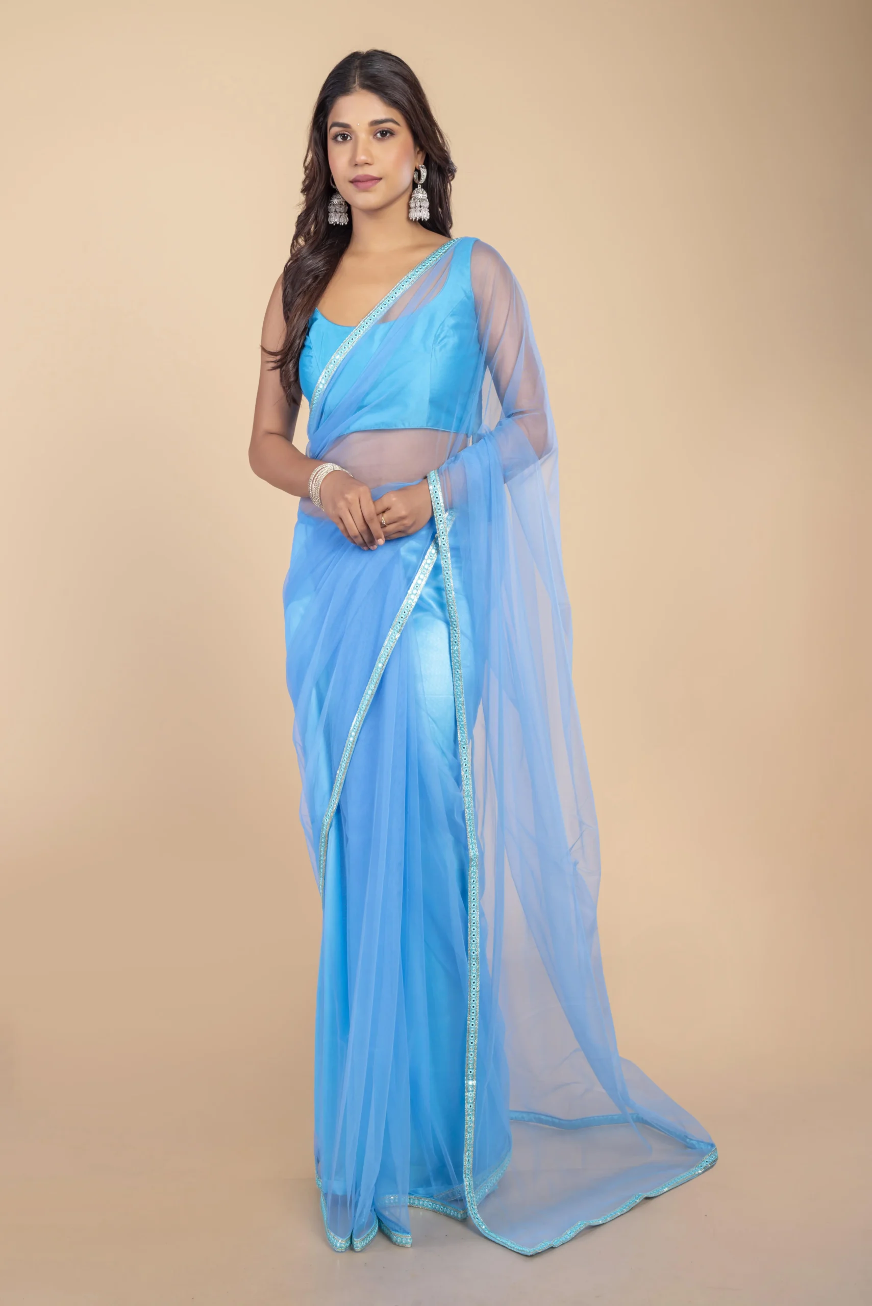 Sky Net Saree With Mirror Border