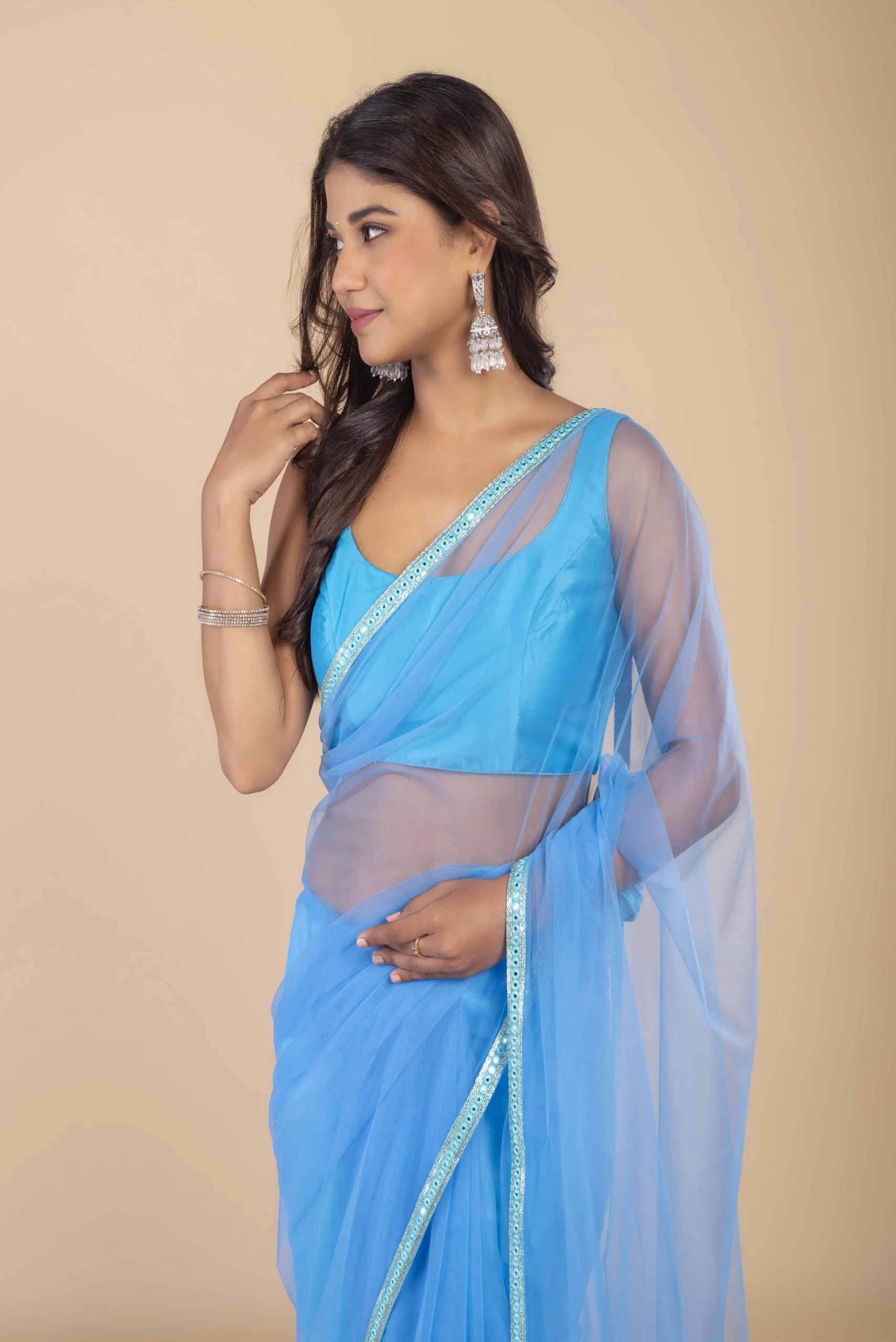 Sky Net Saree With Mirror Border - Image 3