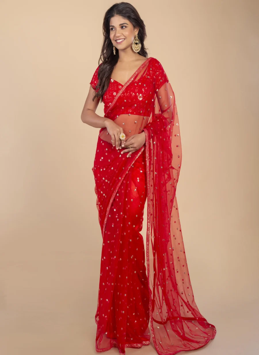 Maroon Red Net Saree With Gold Butte