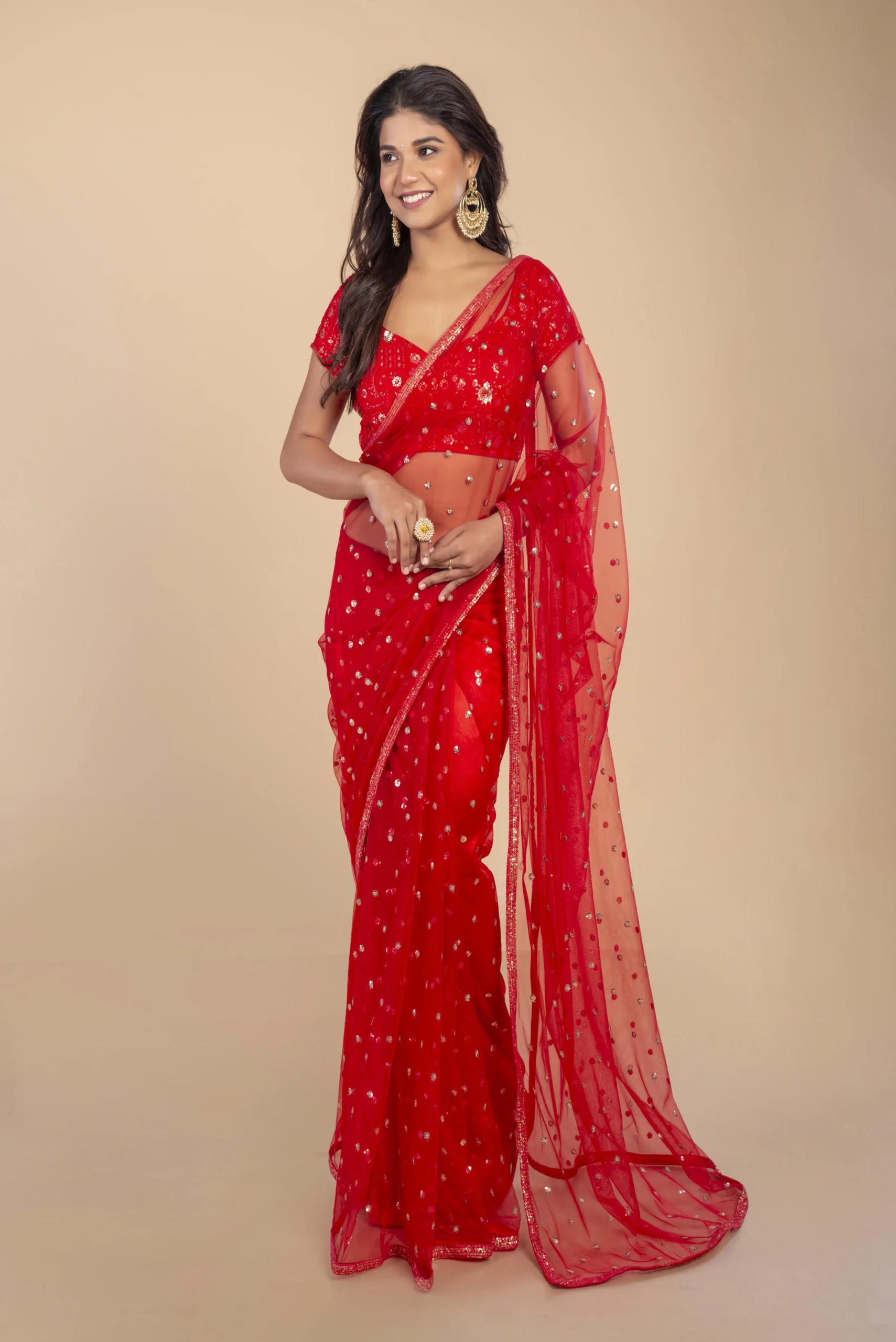 Maroon Red Net Saree With Gold Butte