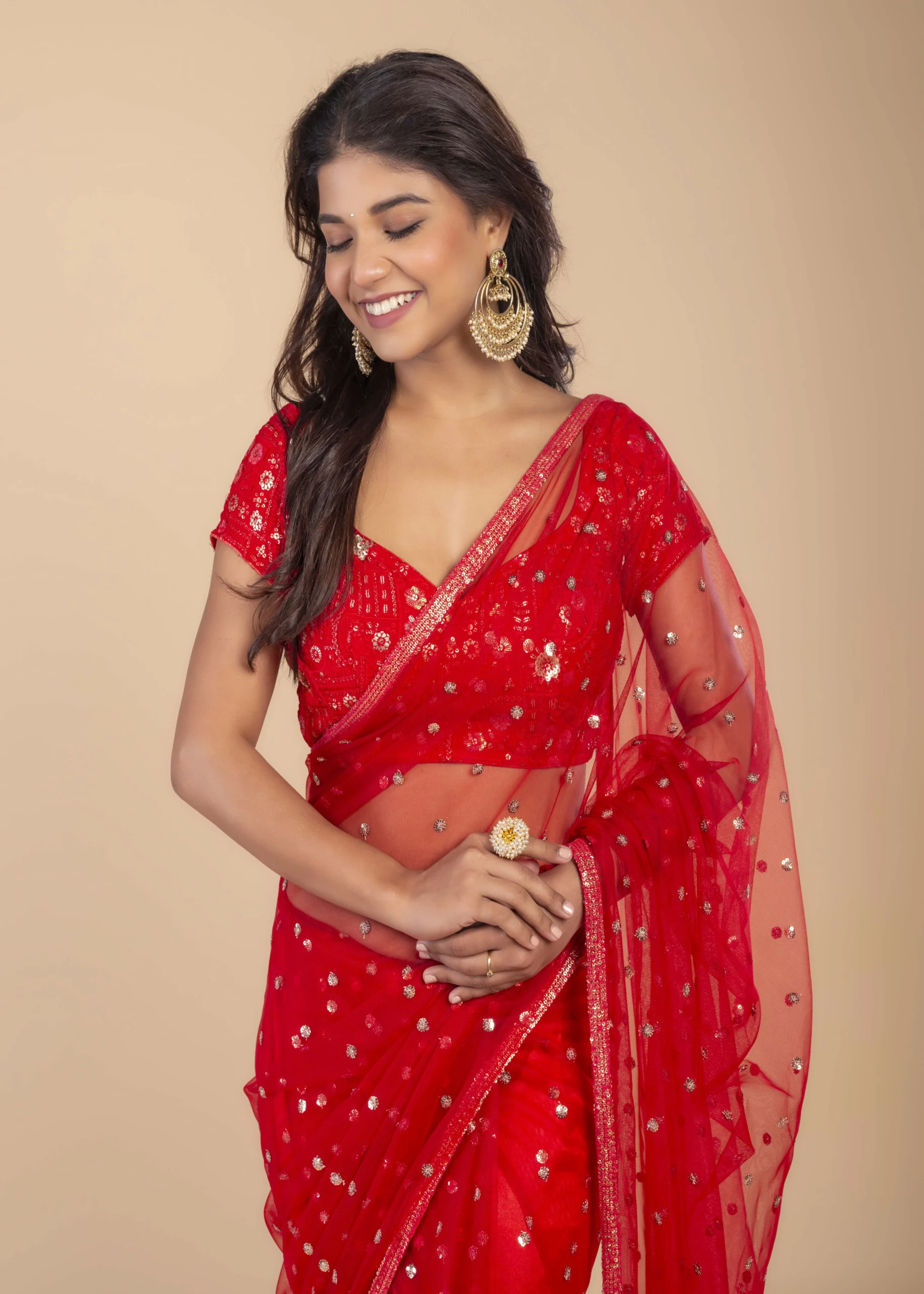 Maroon Red Net Saree With Gold Butte - Image 2
