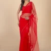 Red Net Saree With Chikankari Border