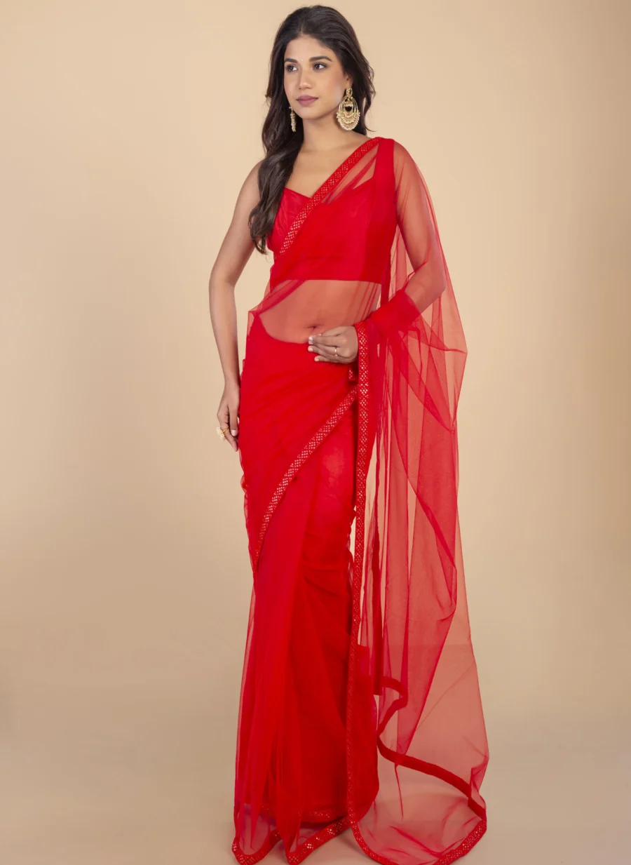 Red Net Saree With Chikankari Border