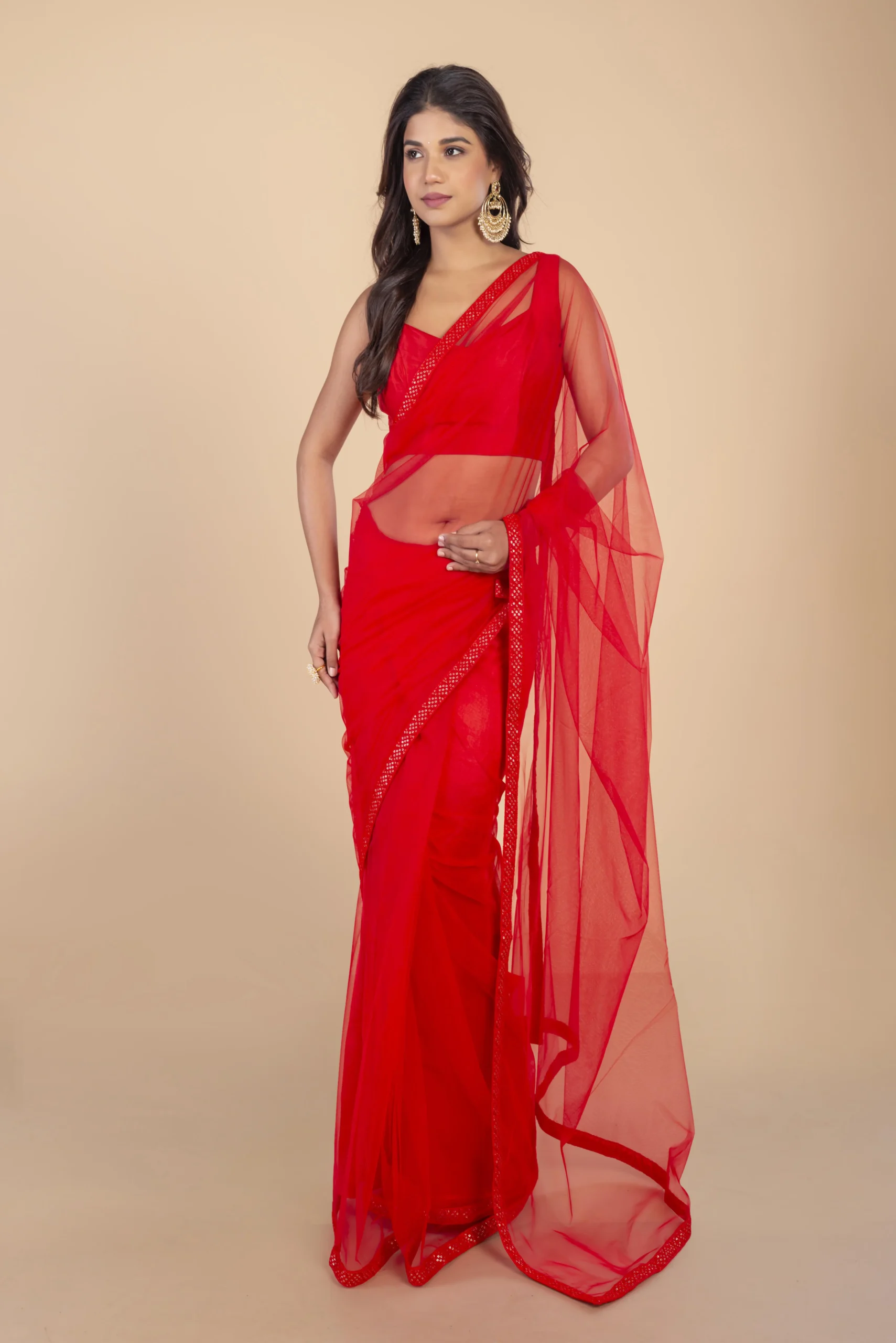 Red Net Saree With Chikankari Border