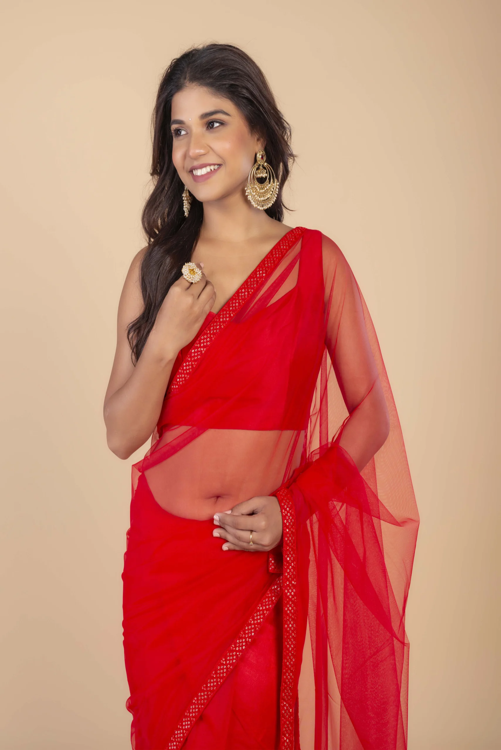 Red Net Saree With Chikankari Border - Image 2