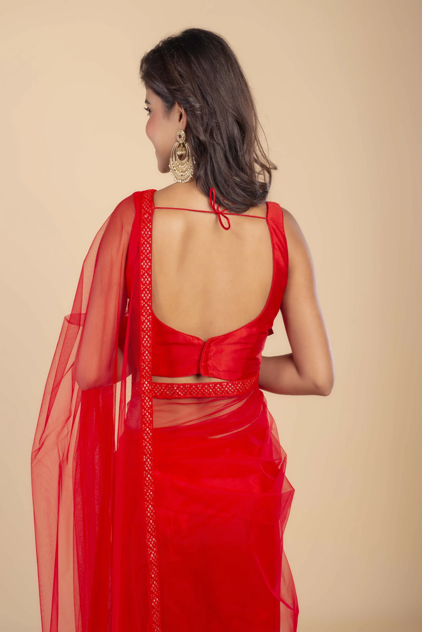 Red Net Saree With Chikankari Border - Image 4
