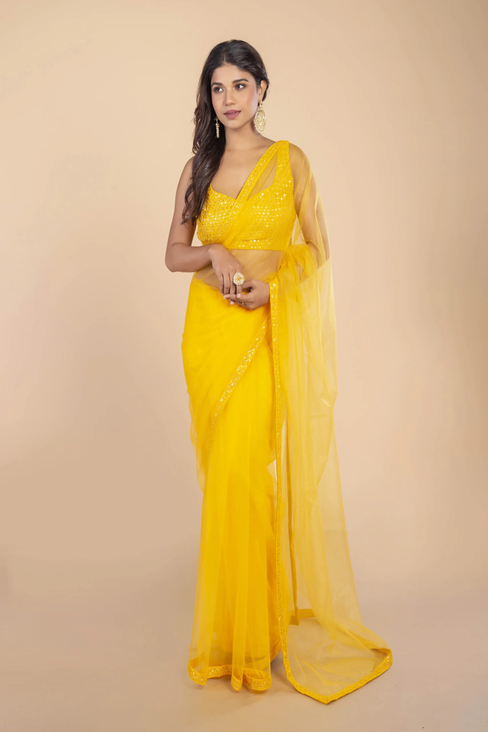 Yellow Net saree - Image 3