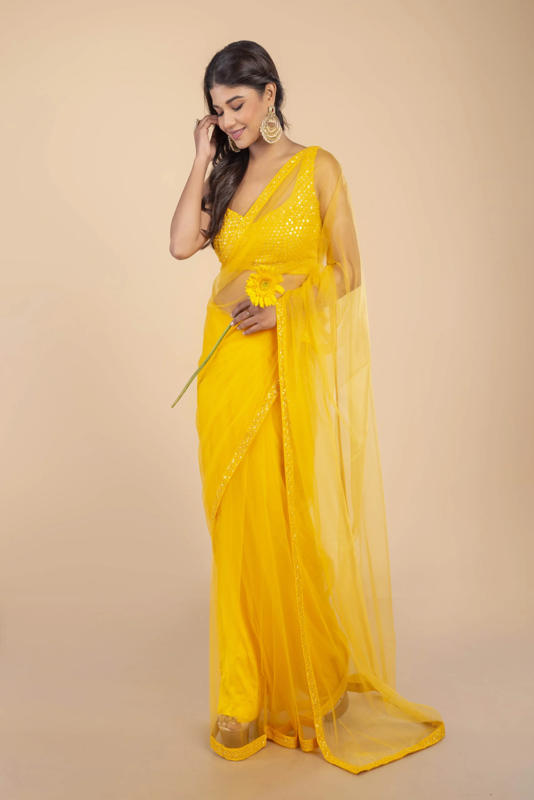 Yellow Net saree