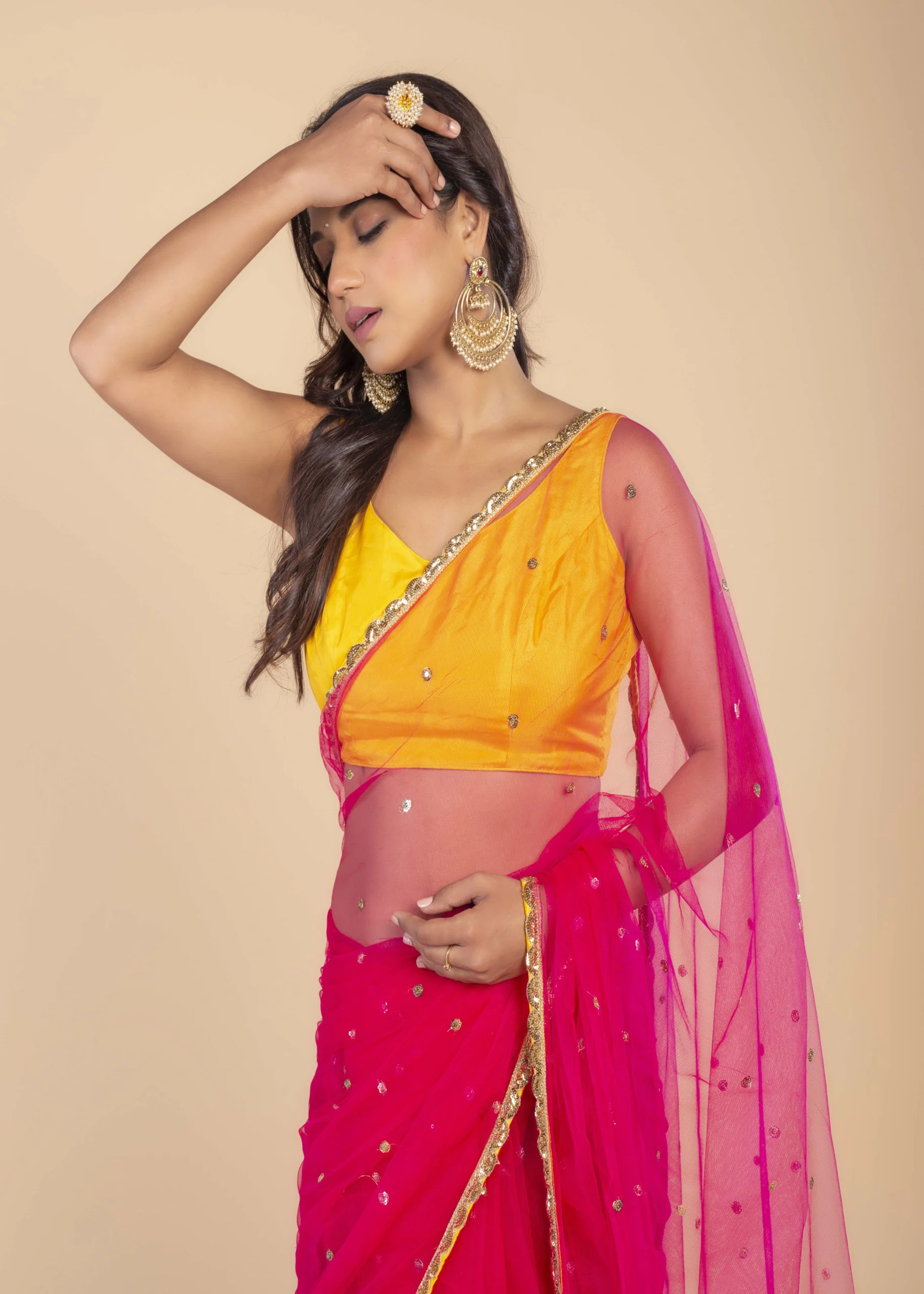 Pink Gold Butte Net saree With Gold sequin Border - Image 2
