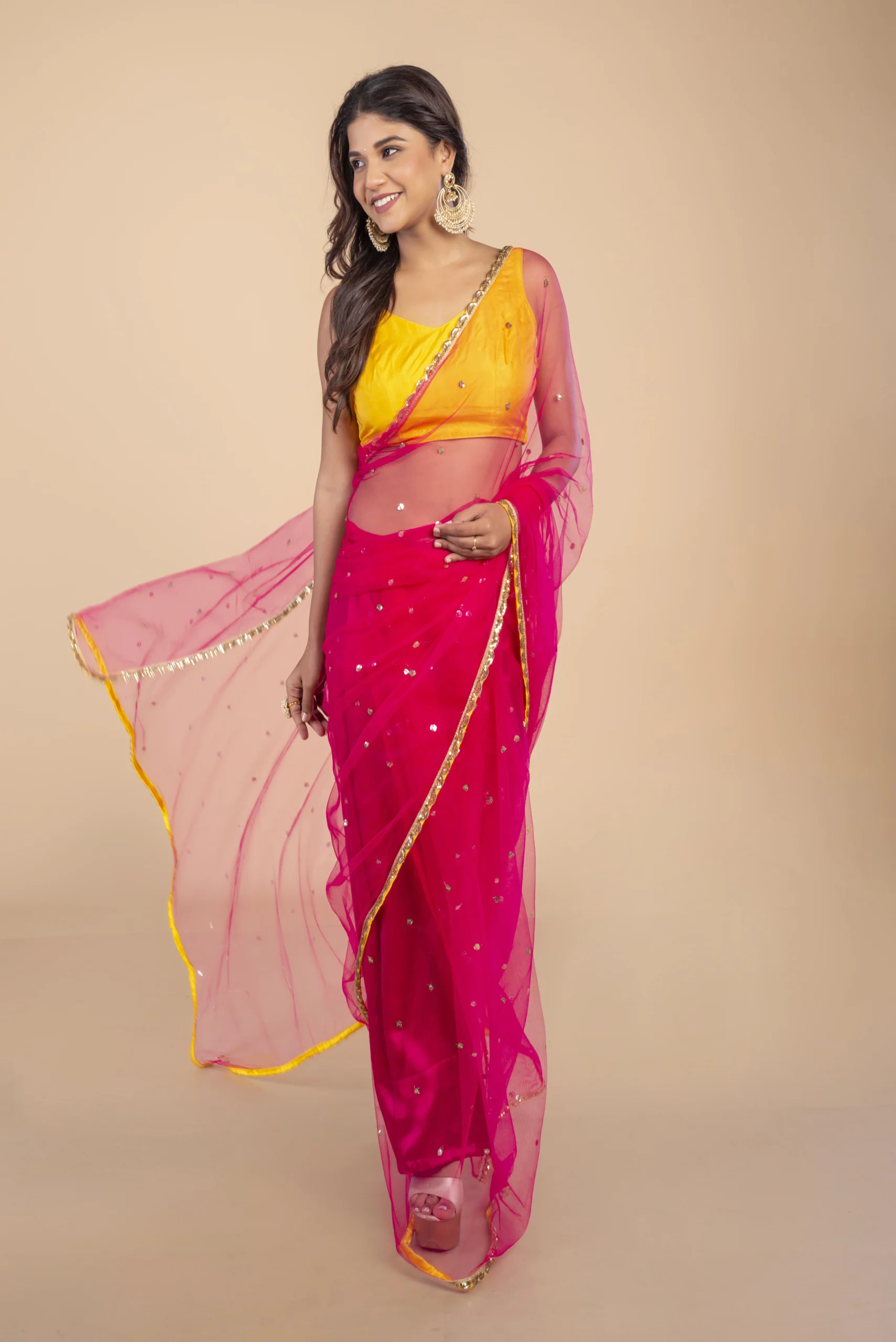 Pink Gold Butte Net saree With Gold sequin Border