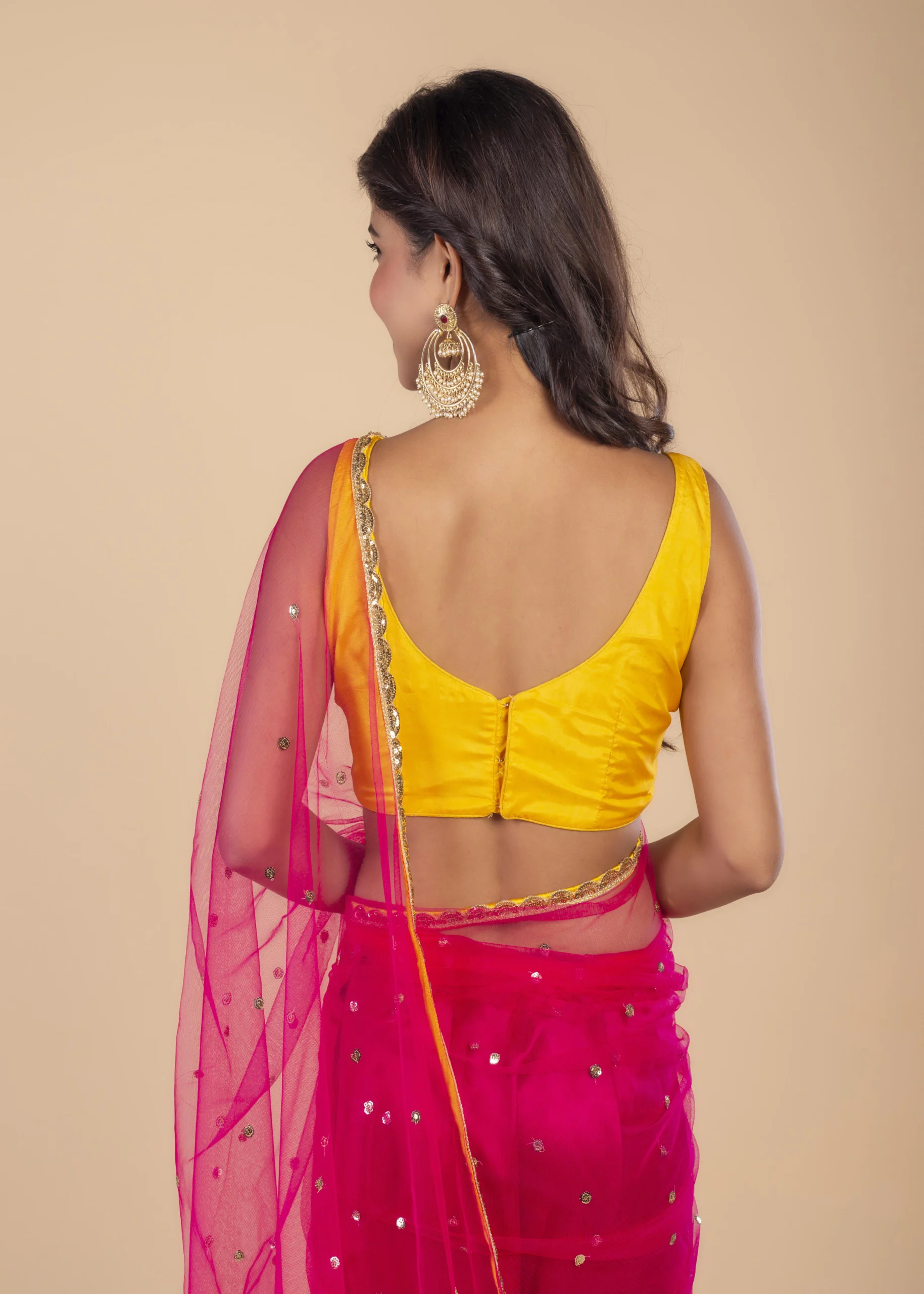 Pink Gold Butte Net saree With Gold sequin Border - Image 4