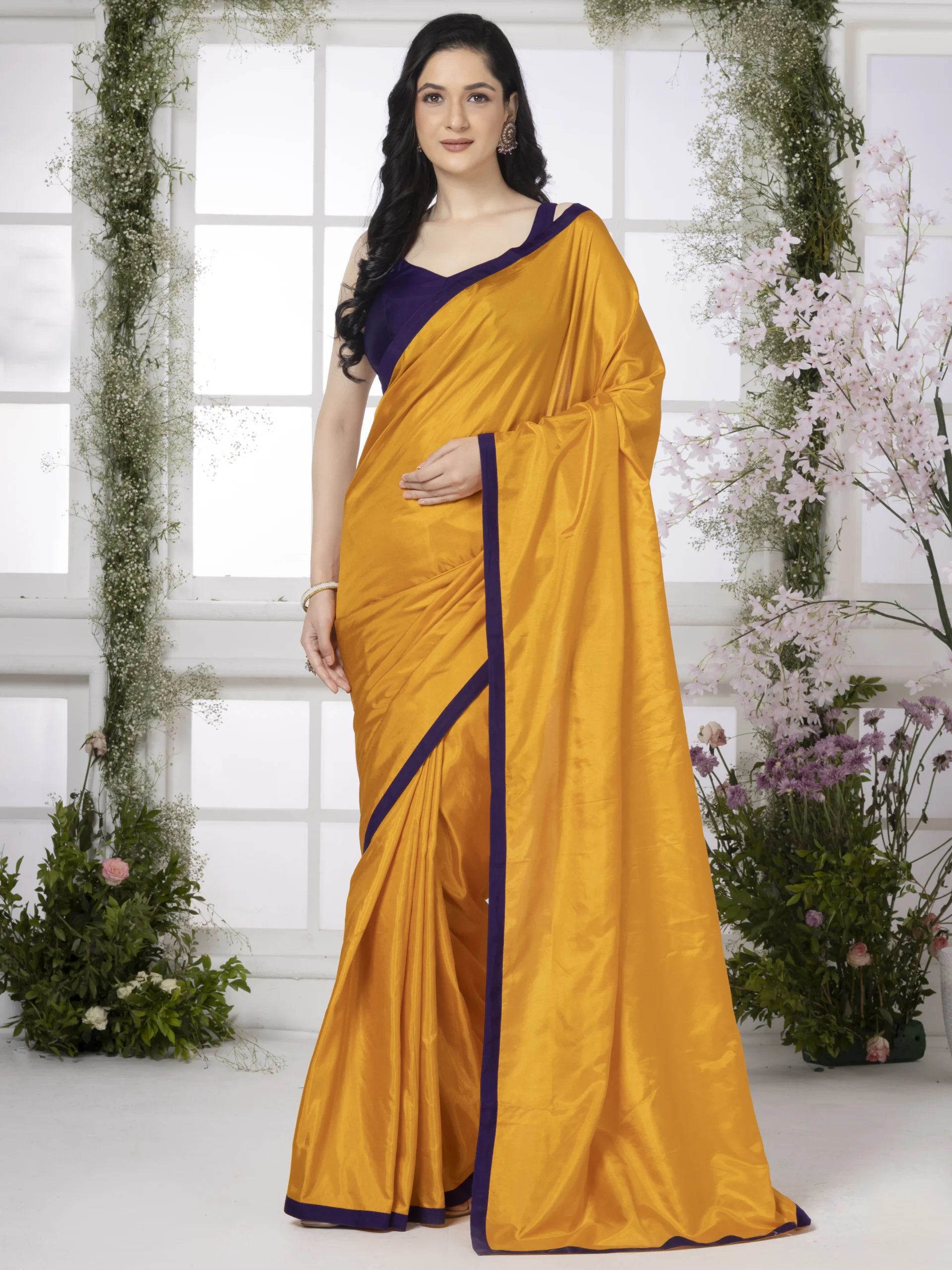 Mustard yellow Modal Silk Saree With Blue Border