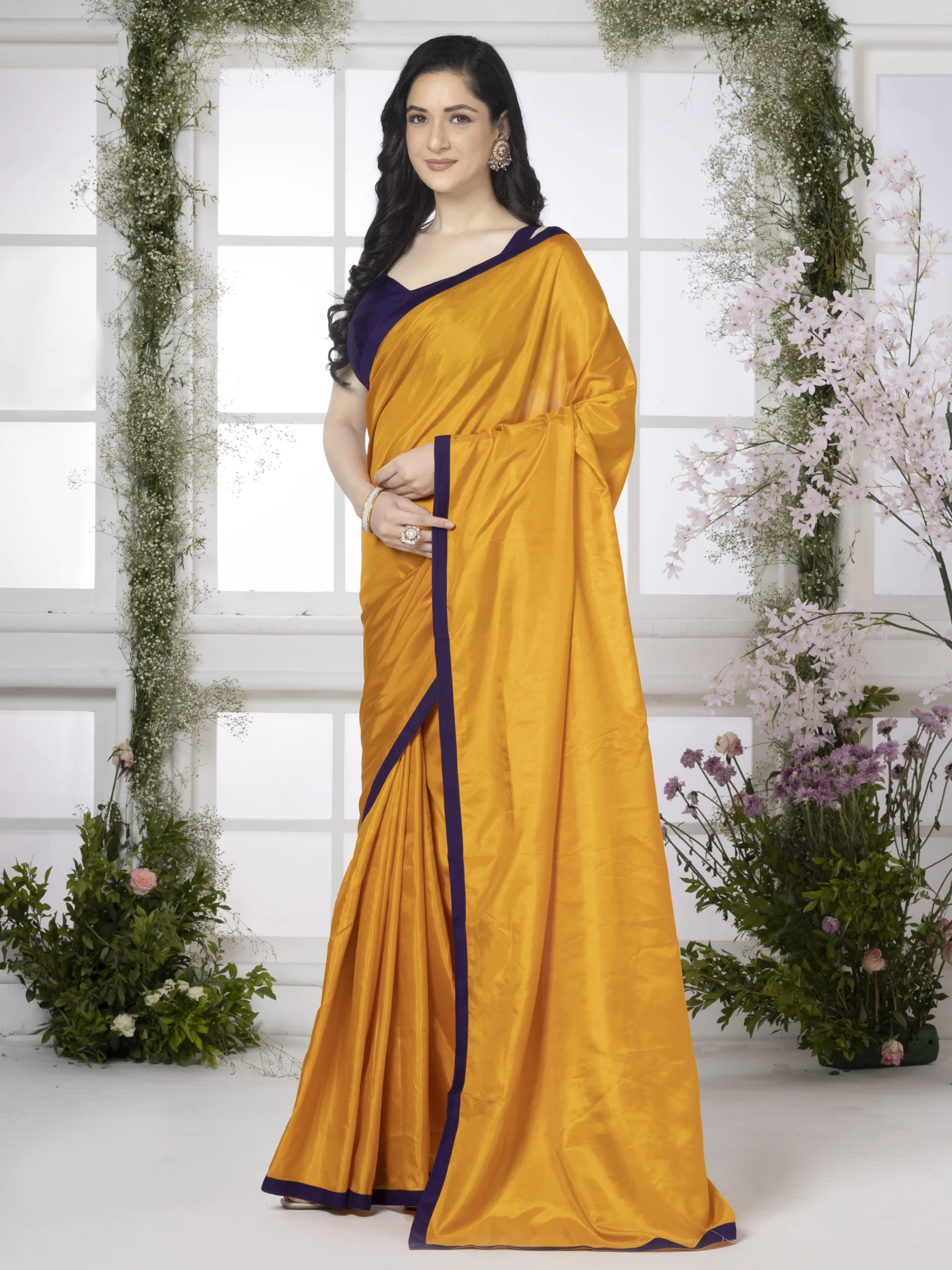 Mustard yellow Modal Silk Saree With Blue Border - Image 3
