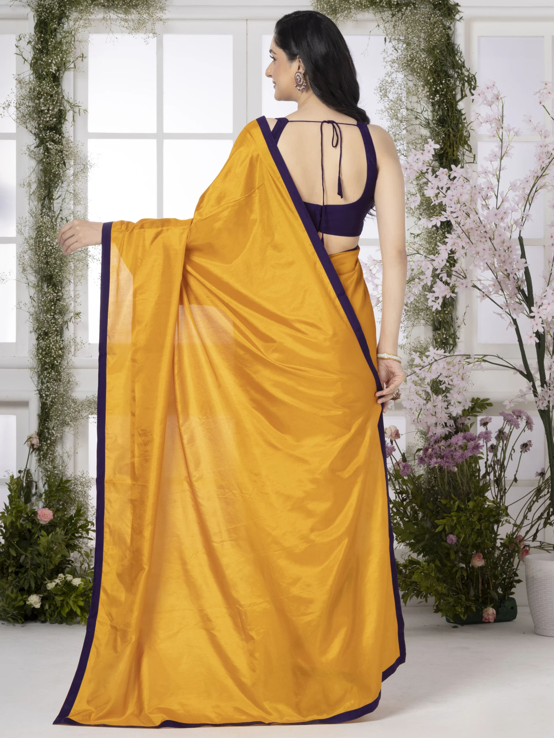 Mustard yellow Modal Silk Saree With Blue Border - Image 2