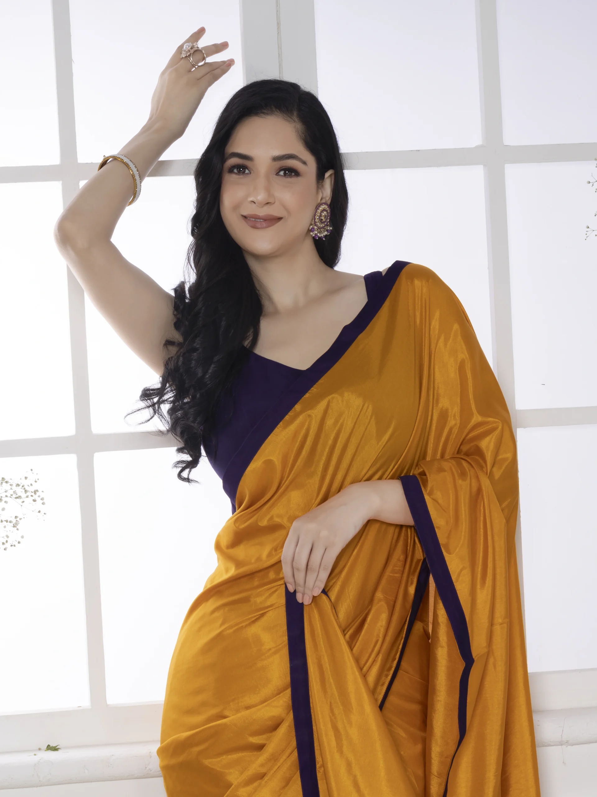 Mustard yellow Modal Silk Saree With Blue Border - Image 4