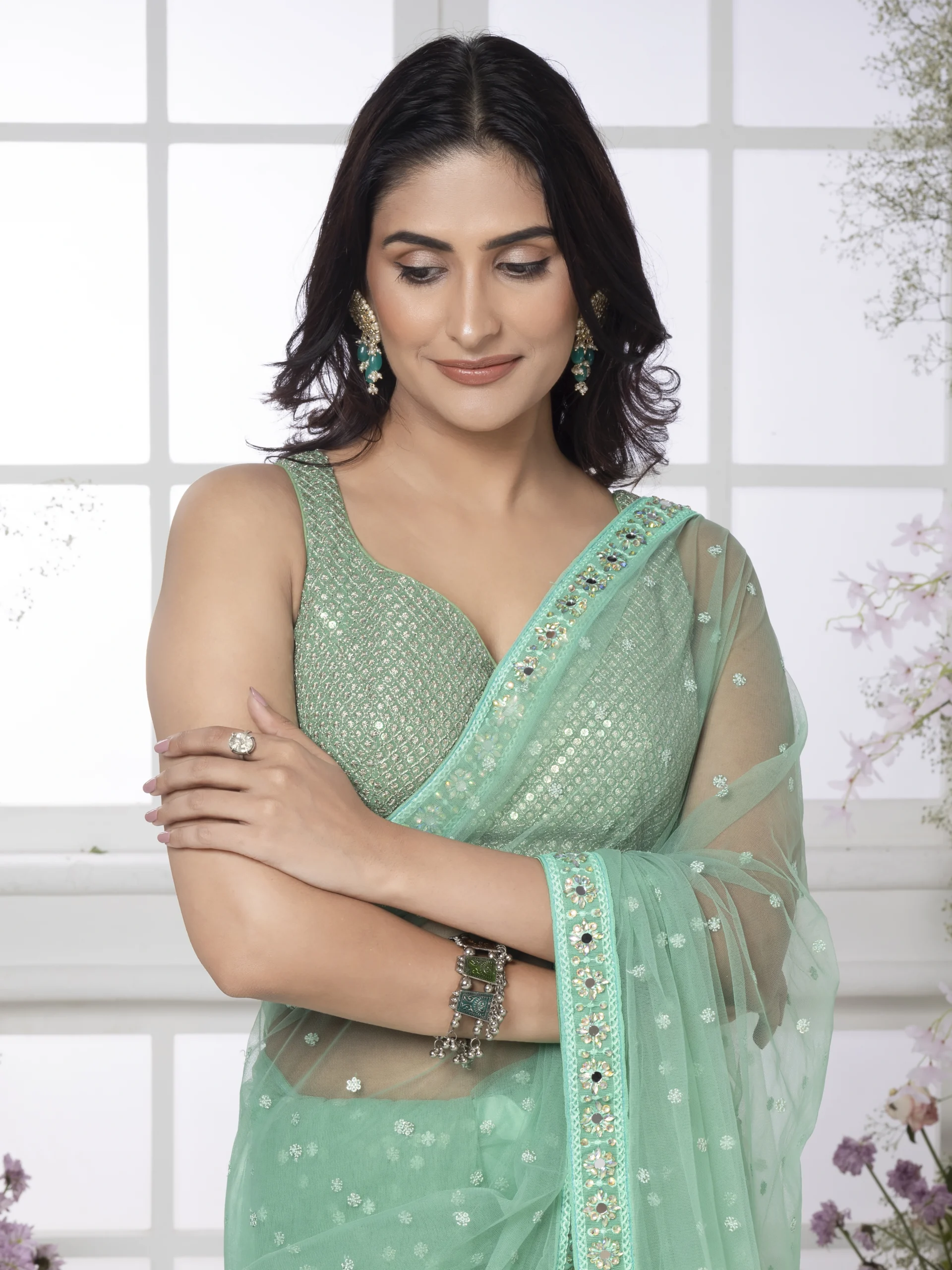 Mint Green Net Butta Saree - Image 5