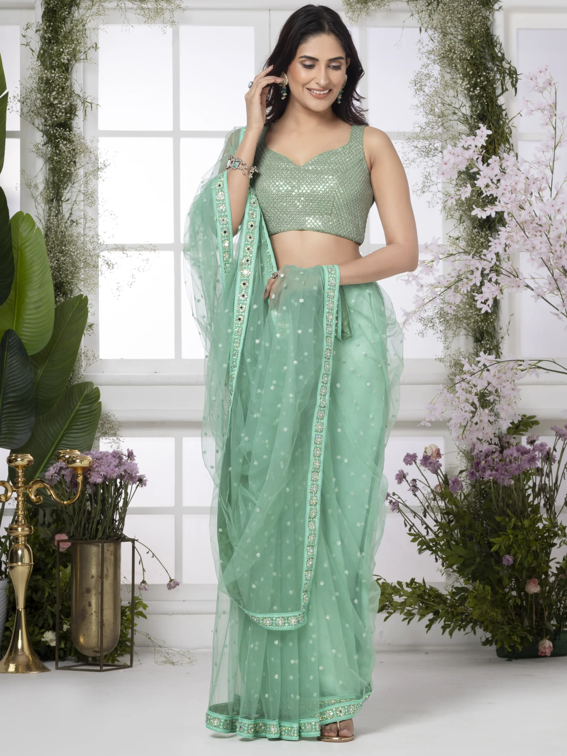 Mint Green Net Butta Saree - Image 4