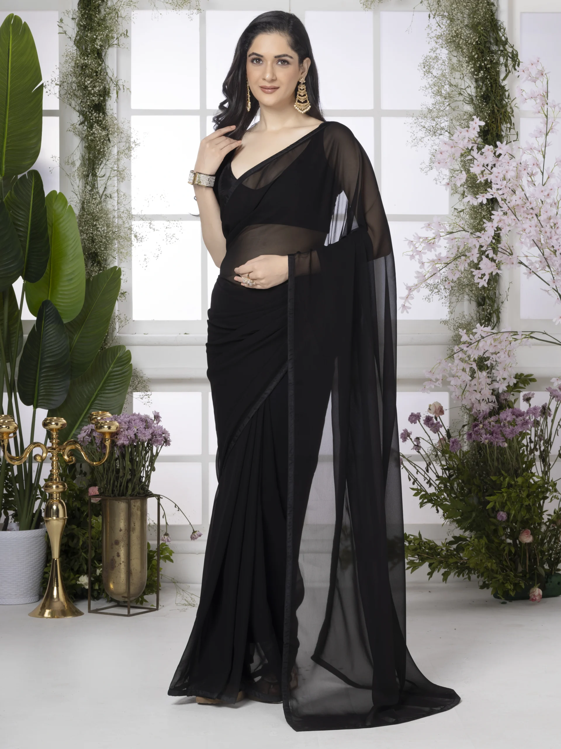 Solid Black Georgette Saree - Image 2