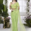 Parrot Green Net Saree With Mirror Border