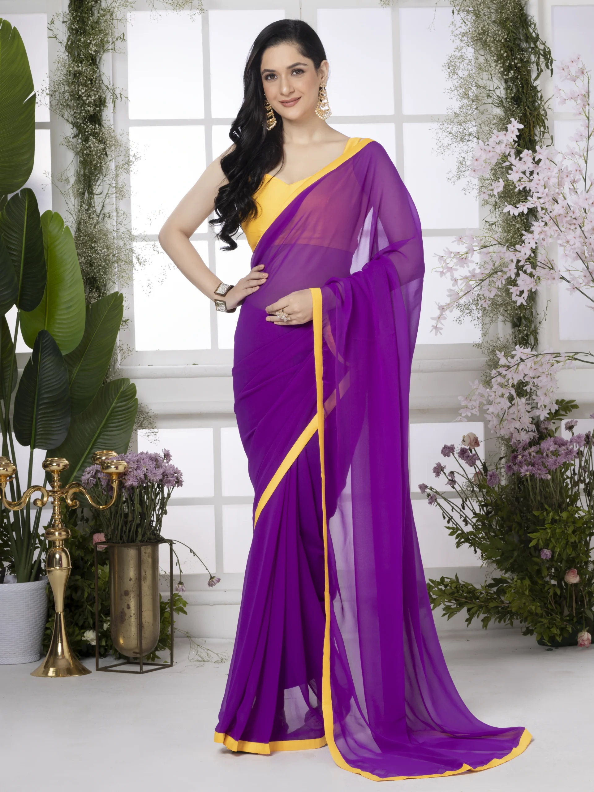 Purple Georgette Saree With Yellow Border - Image 4