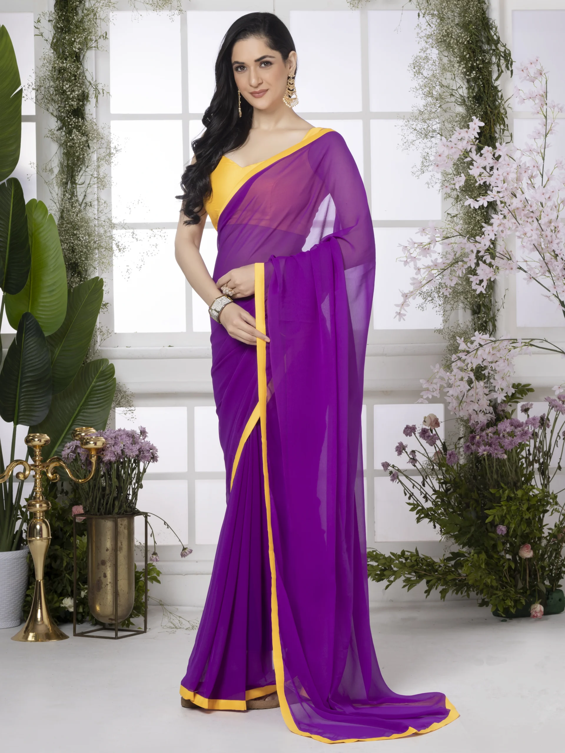 Purple Georgette Saree With Yellow Border - Image 3