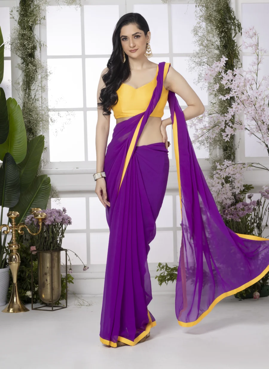 Purple Georgette Saree With Yellow Border