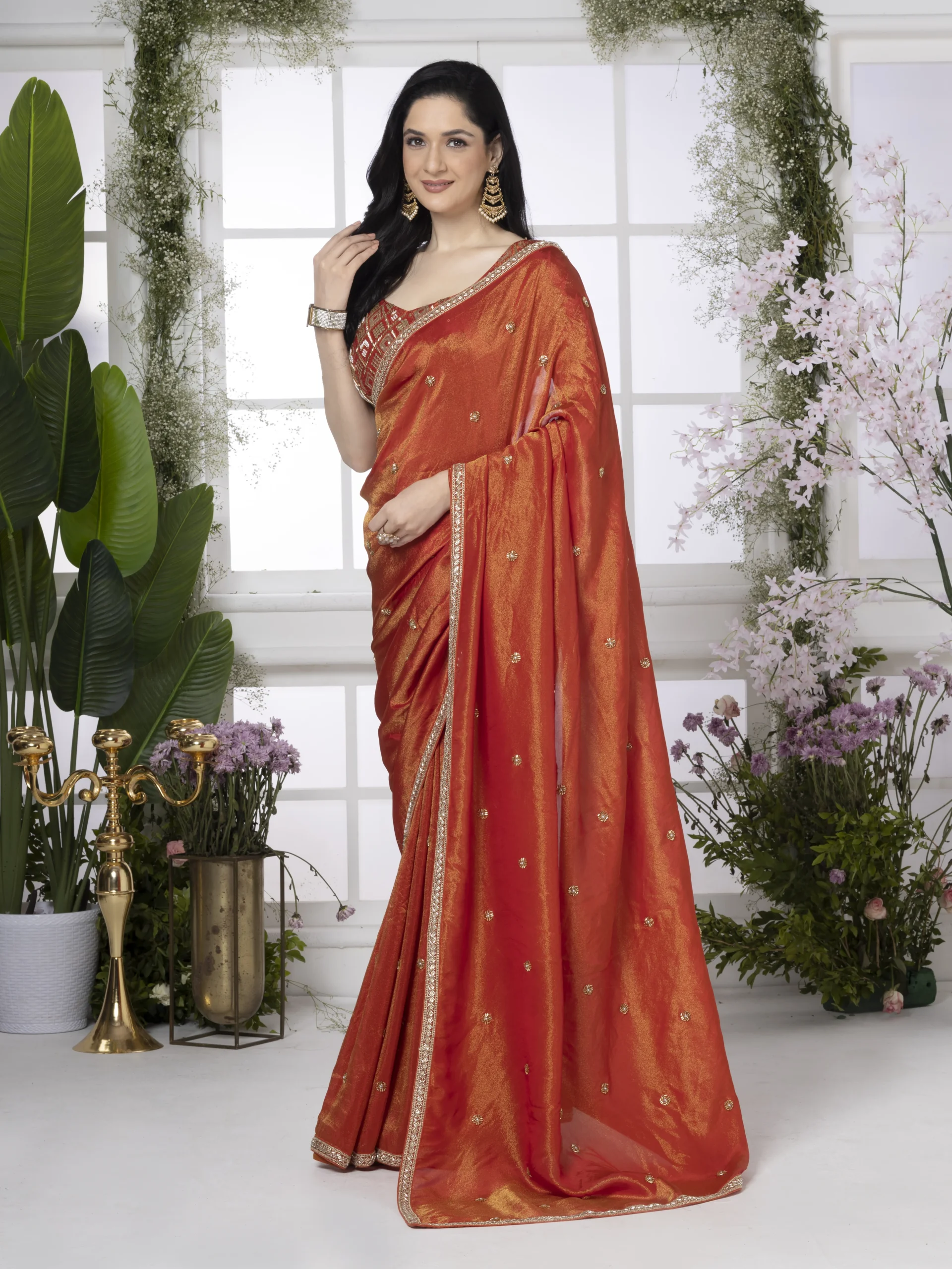 .Chrome Red Pure Tissue Silk Saree - Image 3