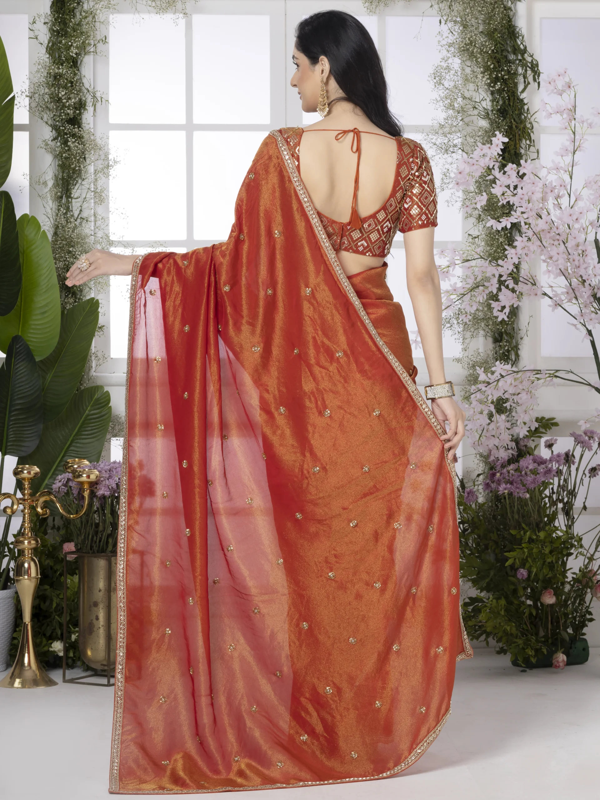 .Chrome Red Pure Tissue Silk Saree - Image 6