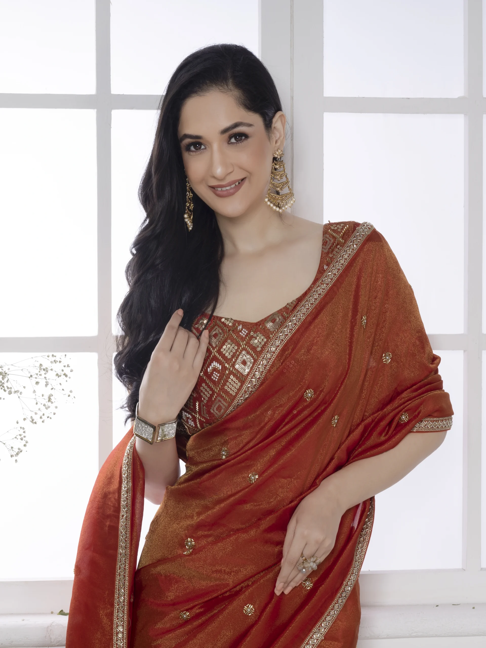 .Chrome Red Pure Tissue Silk Saree - Image 4