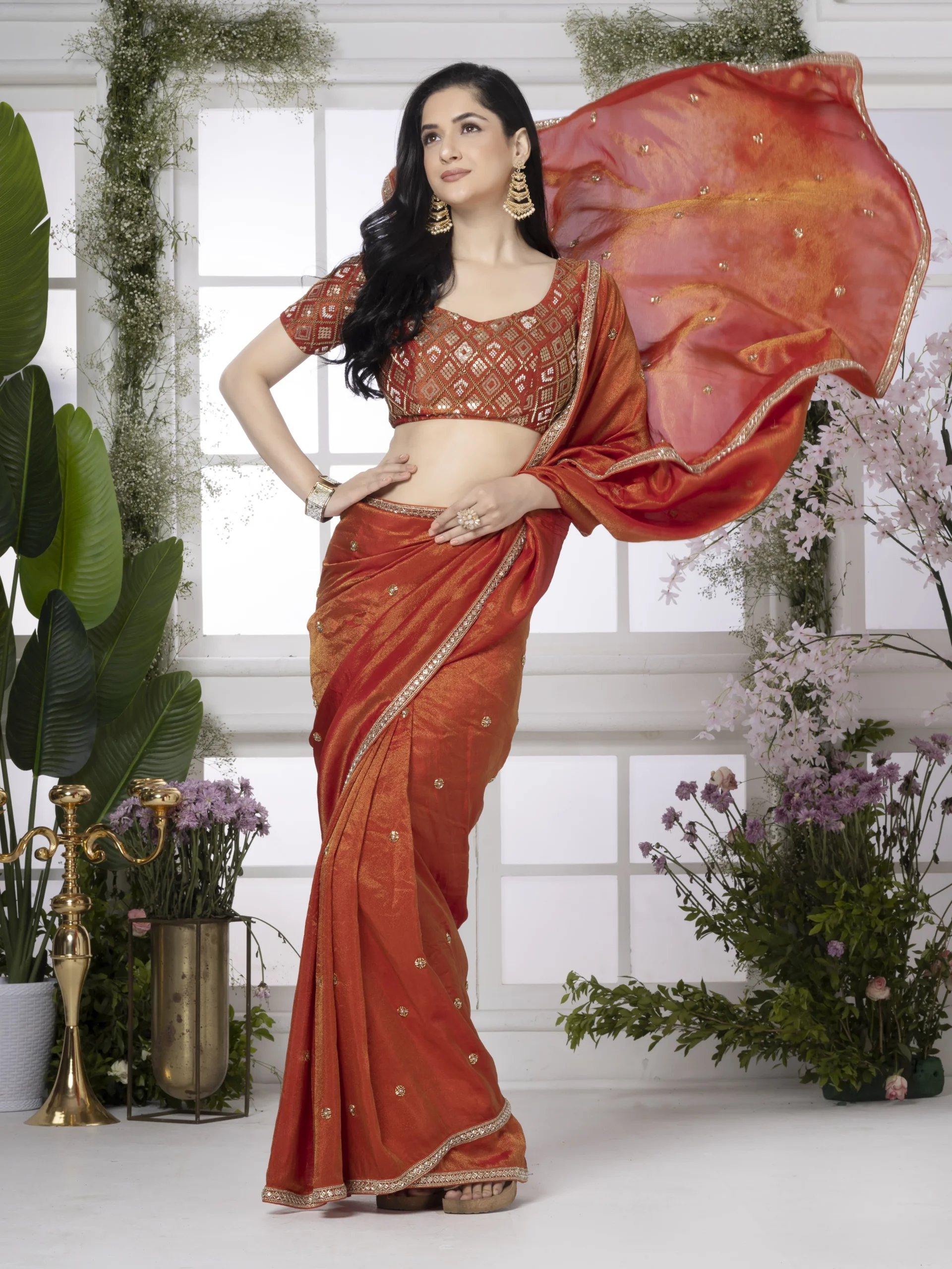 .Chrome Red Pure Tissue Silk Saree - Image 5