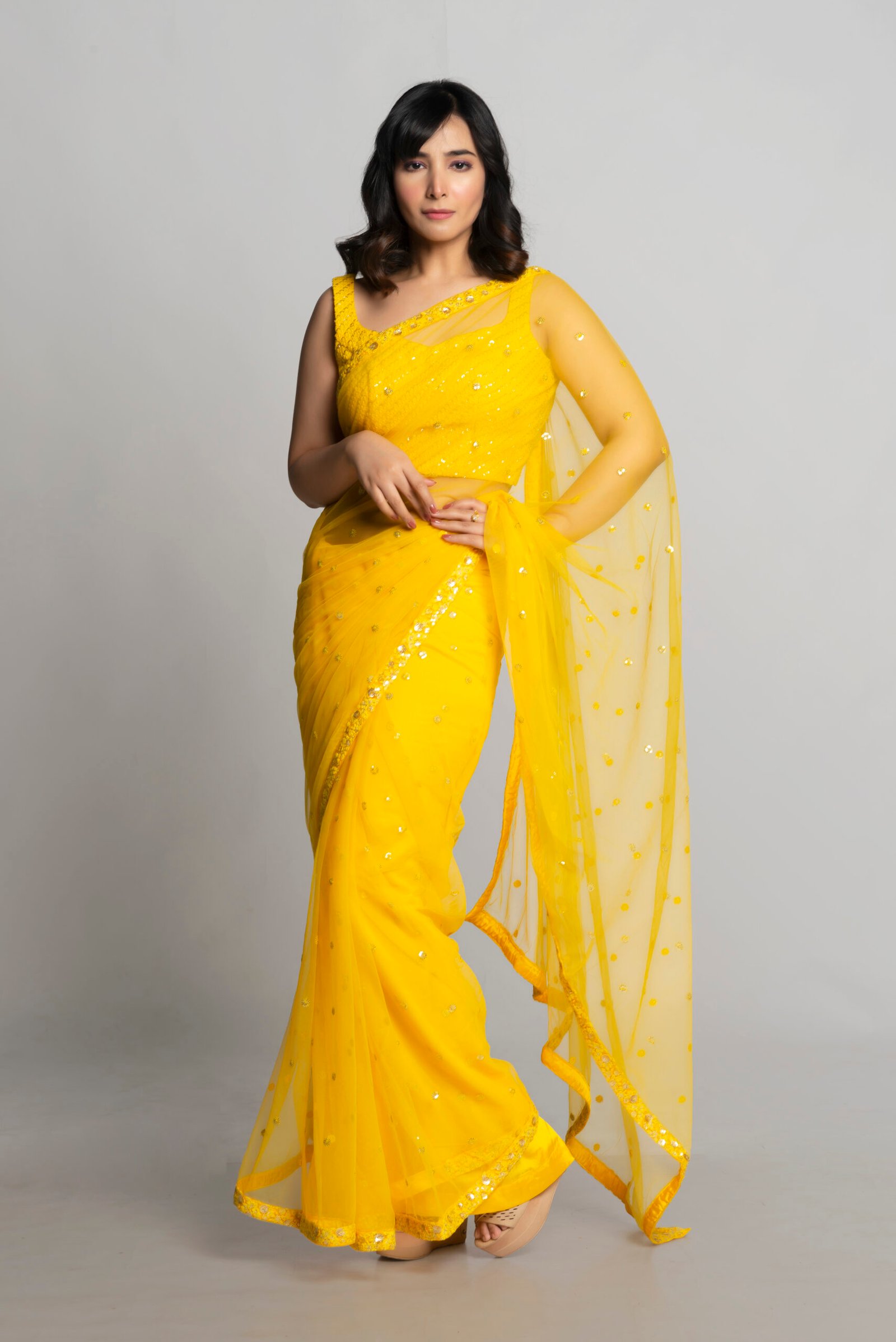 YELLOW BUTTA NET SAREE - Image 4