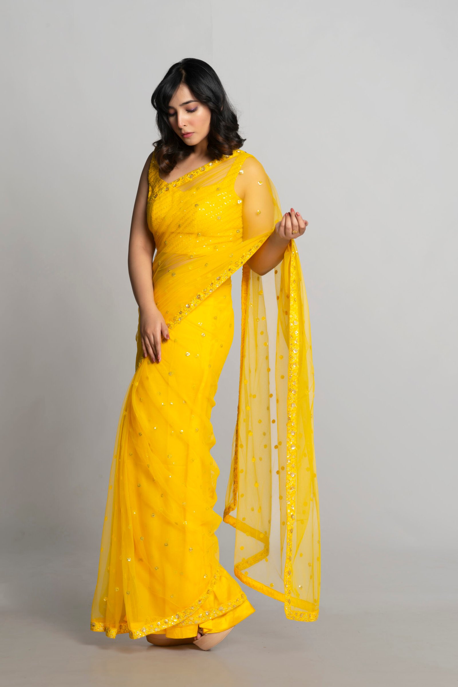 YELLOW BUTTA NET SAREE - Image 2