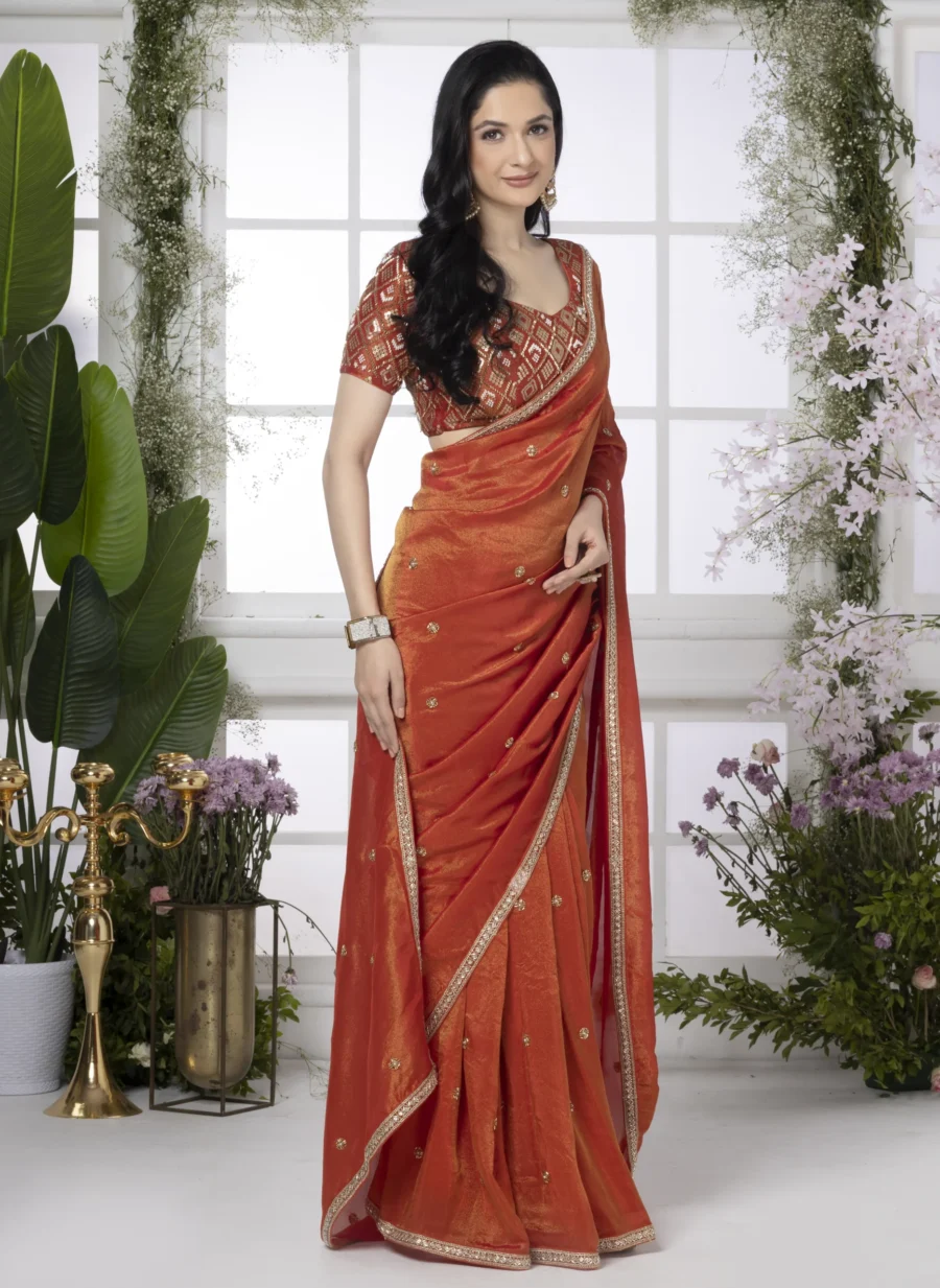 .Chrome Red Pure Tissue Silk Saree